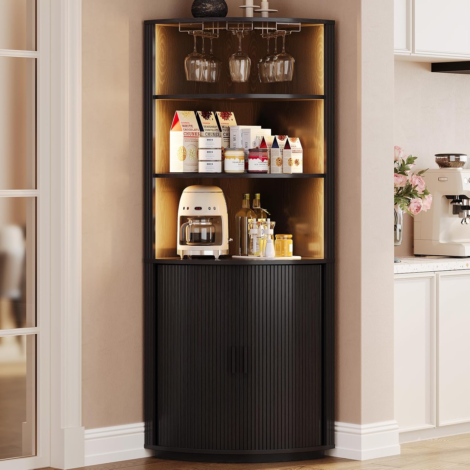 ComfyCorner 72" Tall Corner Bar Cabinet with LED Lights & Sliding Door