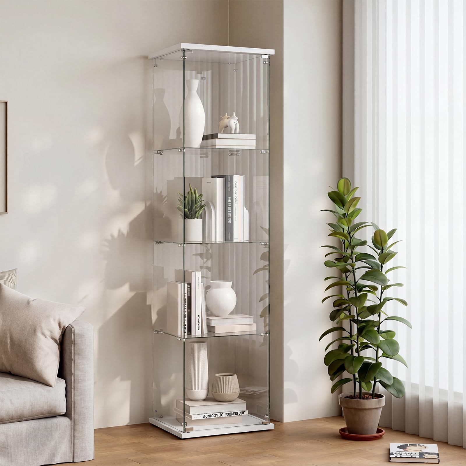 Vetrine di Vetro a 4 Strati, 1 Porta,Vetrinetta Espositiva con Serratura, Vetrinetta Espositiva a Colonna Vetrina Soggiorno con SerraturaVetrinetta in Vetro per Soggiorno 164×42.5×36.5cm