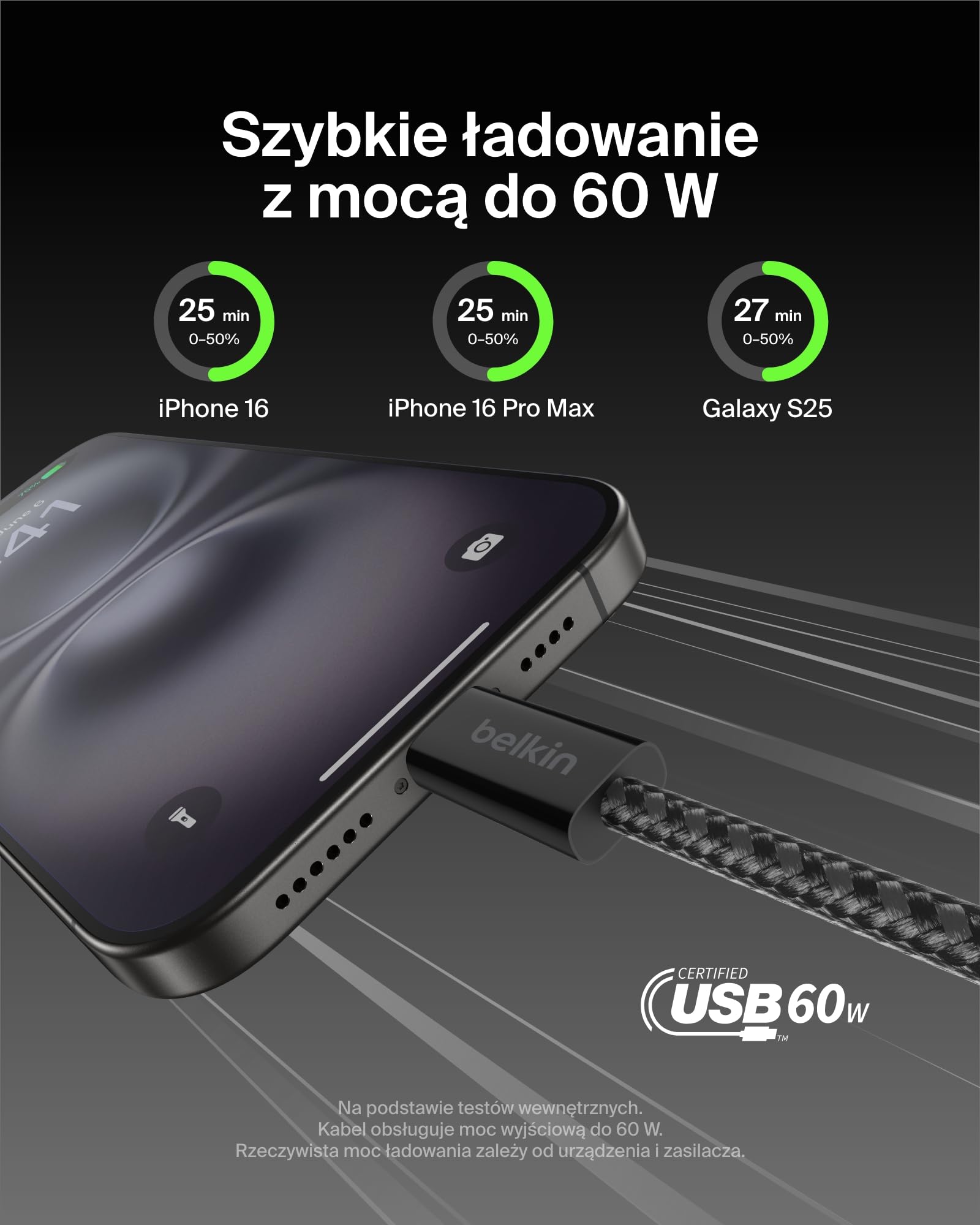 Belkin 2 szt. Kabel w oplocie USB-C na USB-C 60 W o długości 1,5M, – miękki Kabel typu C do szybkiego ładowania urządzeń iPhone serii 17 i 16, Galaxy S25, Pixel 10, iPad Pro i innych – czarny