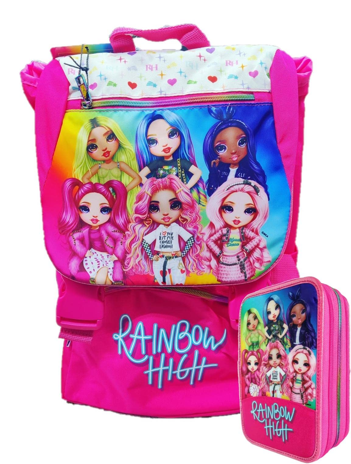 Schoolpack Zaino Rainbow High Estensibile 40x29x14 cm + Astuccio 3 Zip Completo + Portachiavi Paillettes e Braccialetto Amicizia in Omaggio