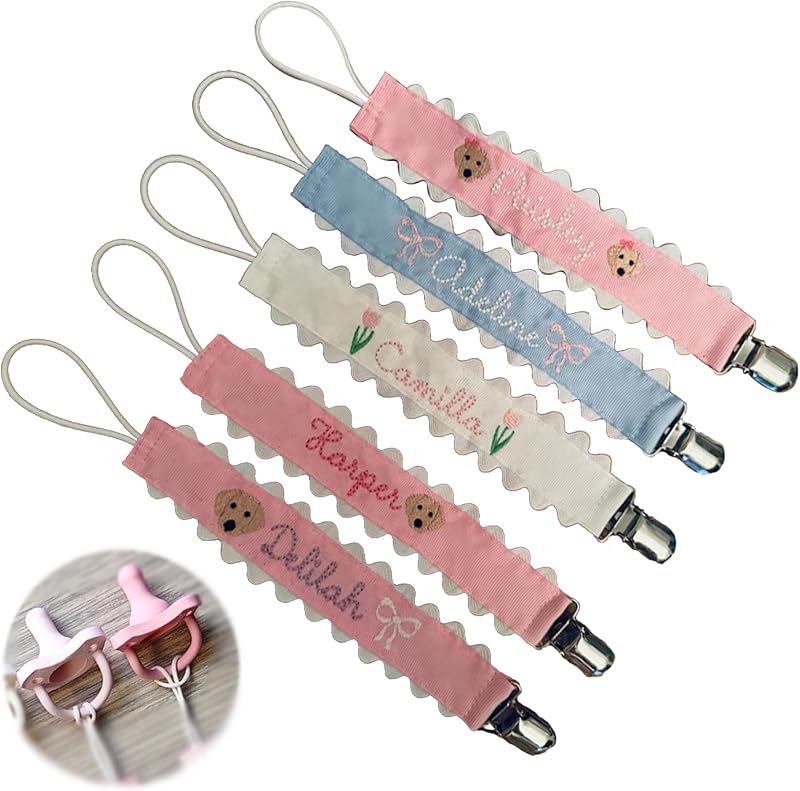 Clip de chupete personalizado con nombre Porta chupete de bebé bordado Clips Binky Clip de chupete personalizado para bebé niña niño Clips de chupete recién nacido neutros para todos los chupetes Regalo de bebé