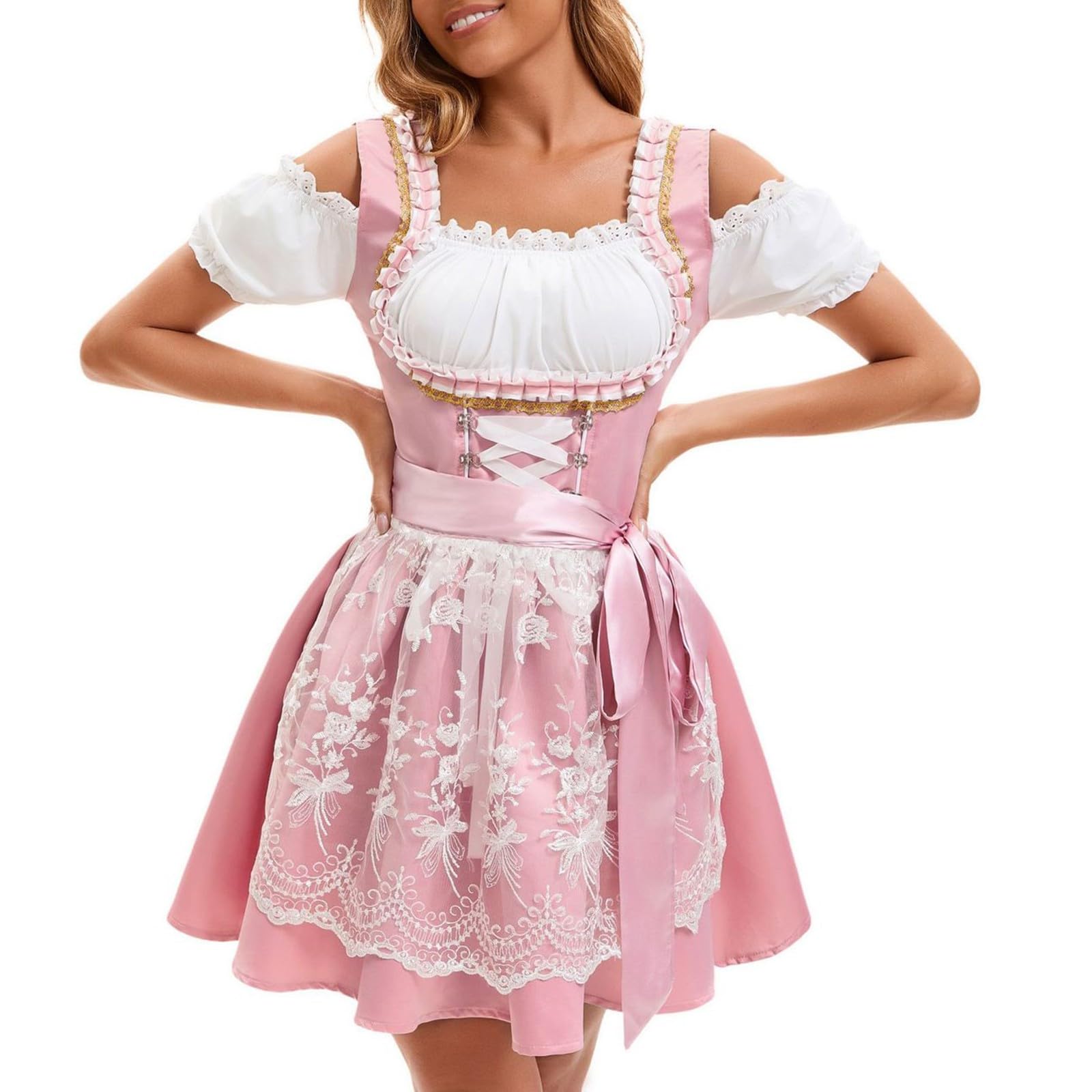 Dirndl | Oktoberfest Damen Outfit mit Spitze Schürze 3 Teilig für Besondere Anlässe Pink