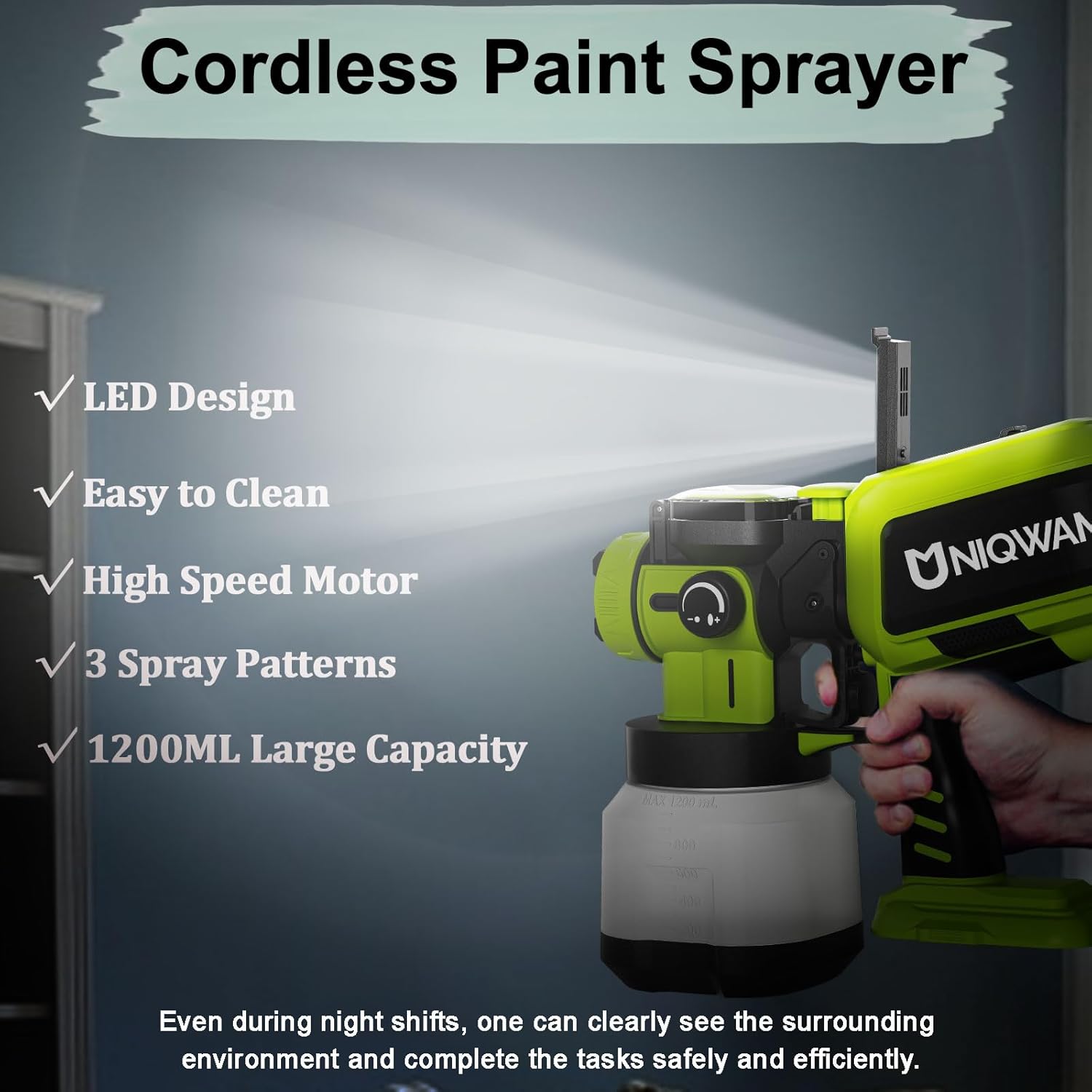 Paint Sprayer Cordless Compatible for Ryobi 18V Battery, 70000PRM Electric Paint Sprayer for Furniture Fence Cabinets Wall Deck House Painting, AUTO Spraying, 1200ml Container & 4 Nozzles (No Battery)