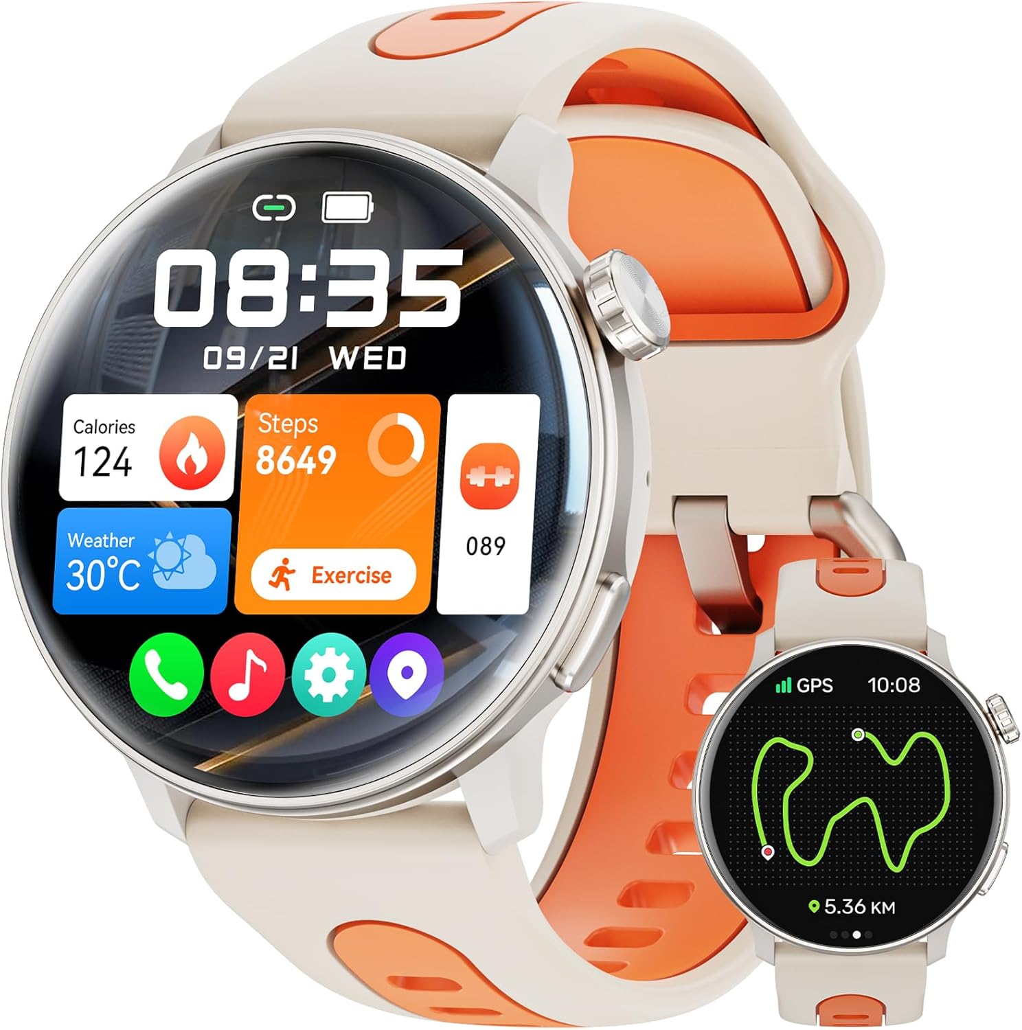 Smart Watch GPS, 1.43" AMOLED Screen Smart Watch for Men/Women Fitness Tracker, Military Smartwatches Compass，Compatible with Android & iOS (Bluetooth Call Answer/Dial), Multiple Sports Modes(Orange）