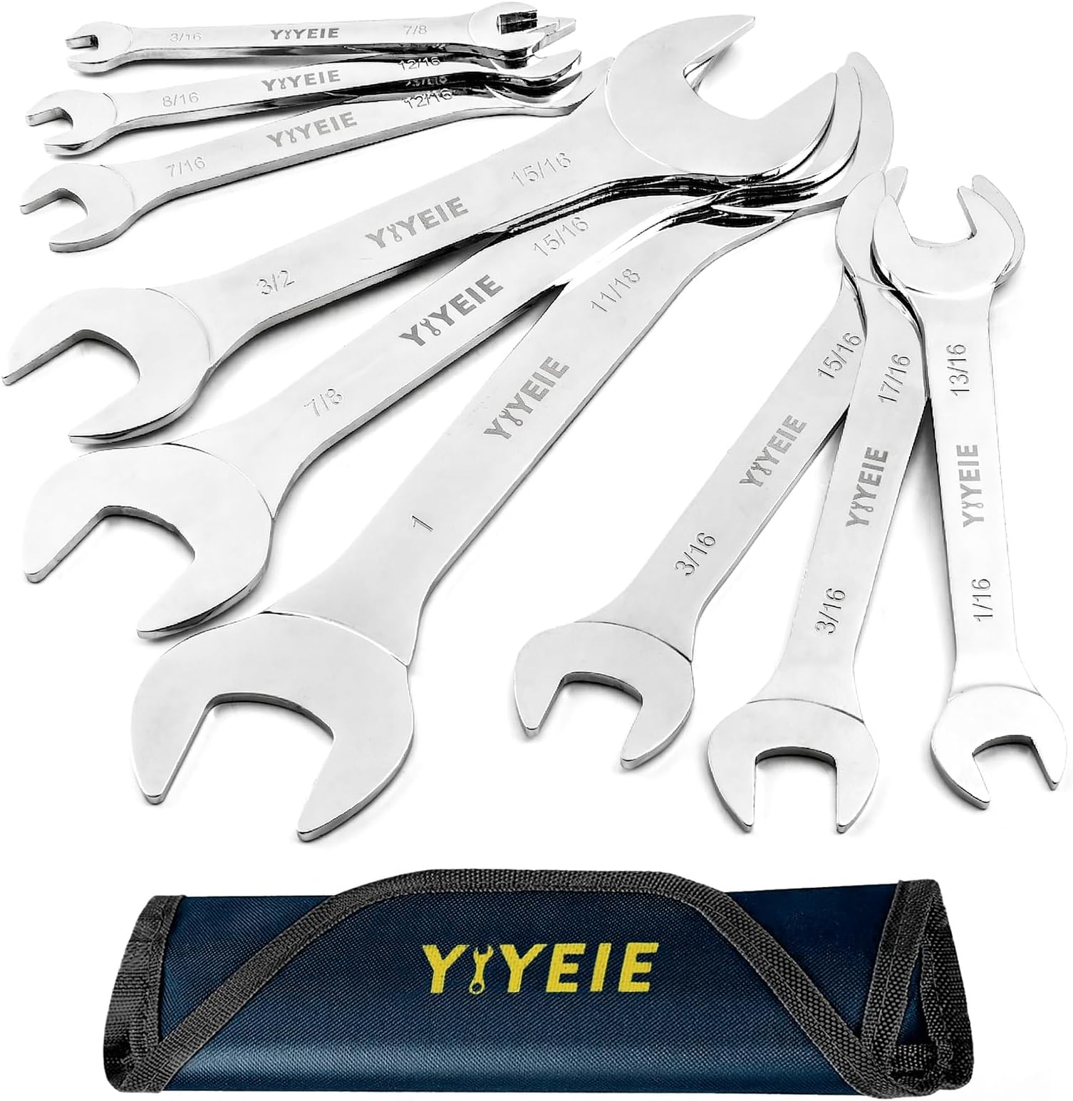 YIYEIE Super-Thin Open End Wrench Set, 9-Piece SAE, 1/4" to 1-1/16", Chrome Vanadium Steel With Mirror Polish, Ultra-Slim Wrench Set with Rolling Pouch