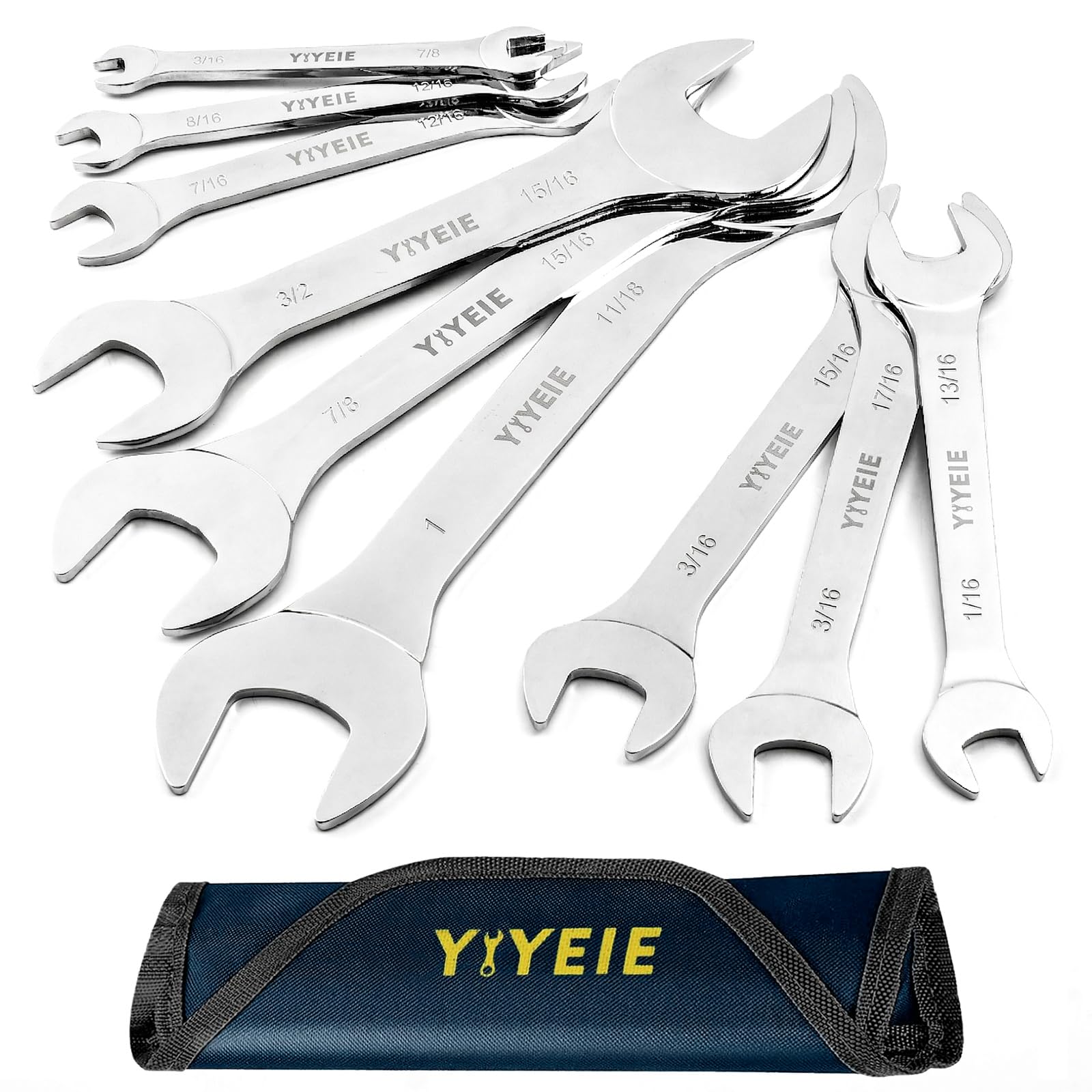 YIYEIE Super-Thin Open End Wrench Set, 9-Piece SAE, 1/4" to 1-1/16", Chrome Vanadium Steel With Mirror Polish, Ultra-Slim Wrench Set with Rolling