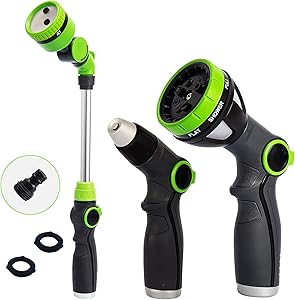 YESTAR 3-Piece Garden Hose Nozzle Set, High Pressure Hose Nozzle and 8 Patterns Spray Gun, Heavy Duty Watering Wand for Watering Lawn and Garden, Cleaning & Car Washing