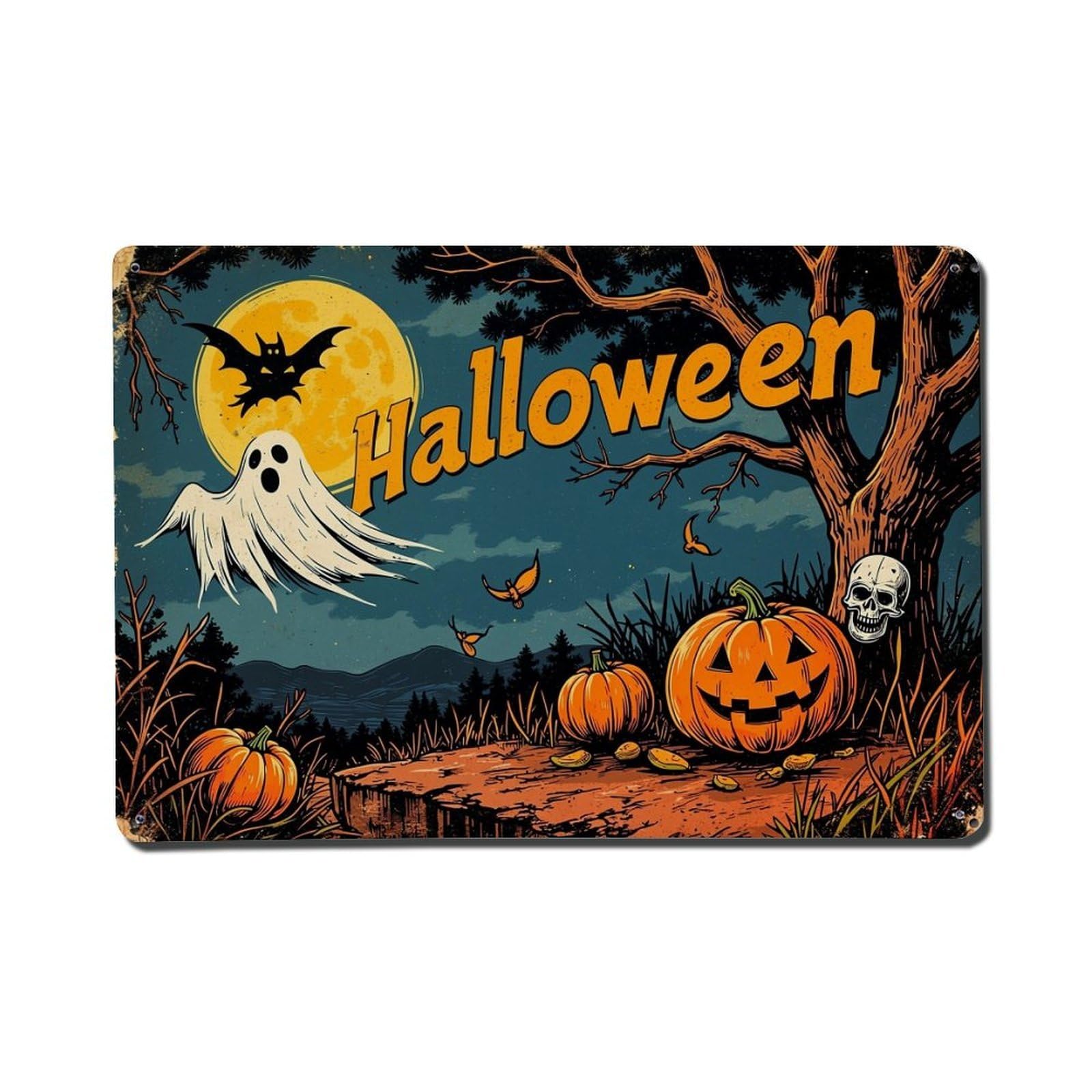 Halloween Ghost Bat Pumpkin Tree Vintage Tin Sign Retro Metal Wall Decor Metal Poster, Home Bar Garage Farmhouse Cafe Wall Art Decoration 8x12Inches