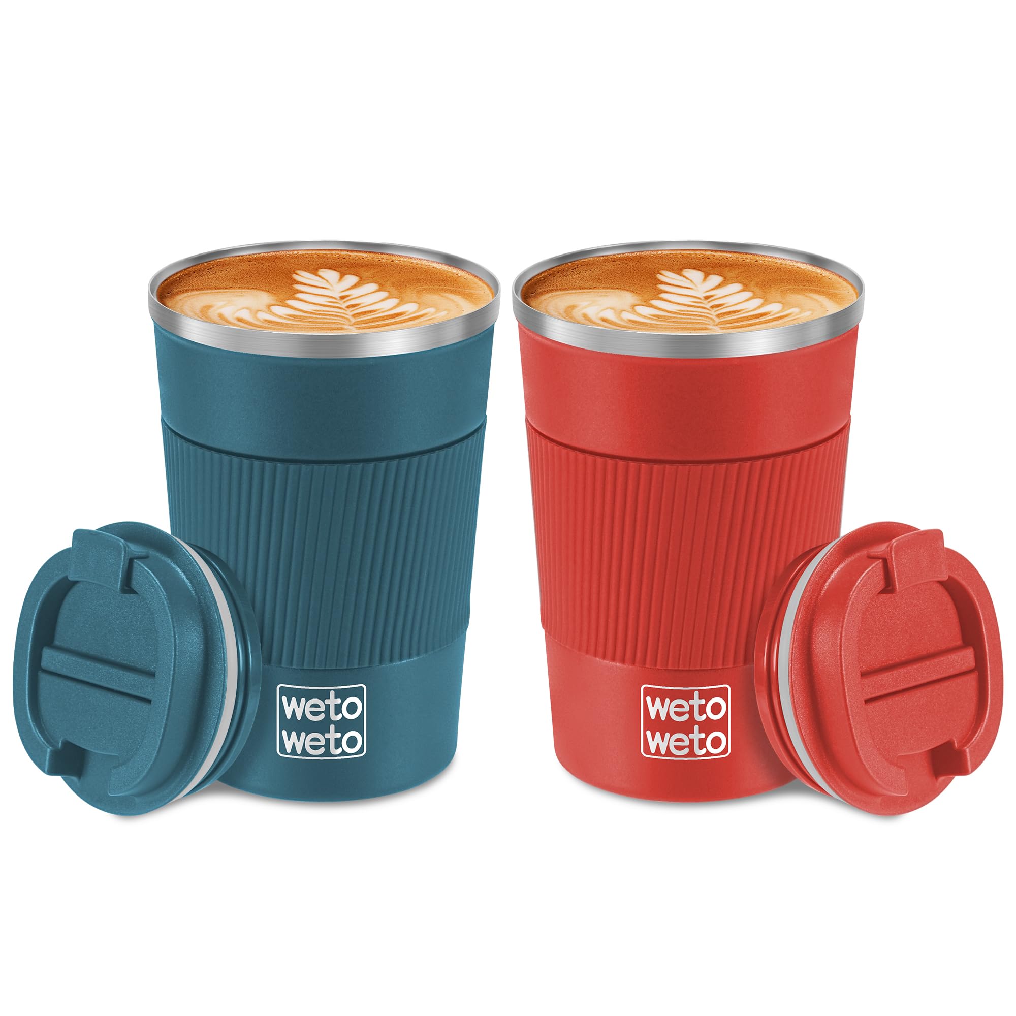 WETOWETO 12oz Reusable Coffee Cup, Coffee Travel Mug with Lid, Spill Proof Thermal Mug, Double-Walled Insulated Cup, Stainless Steel Portable Cup for Hot and Cold Drinks(Blue & Red)