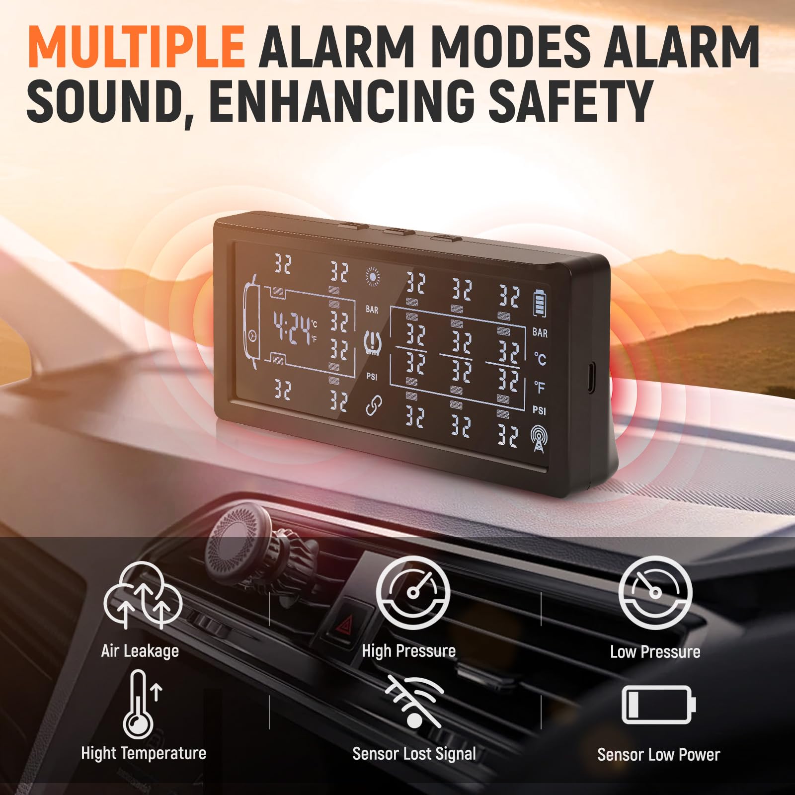 TPMS, sistema di monitoraggio della pressione degli pneumatici, ricarica solare e USB, monitor della pressione dei pneumatici con 8 sensori esterni, display LCD, avvisi vocali, converte tra 6