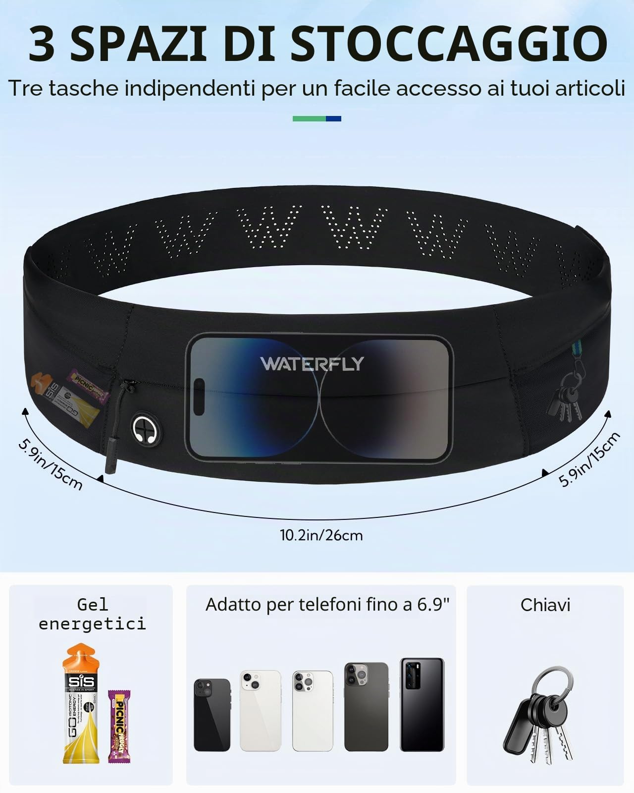 WATERFLY Marsupio Running per Uomo Donna: Cintura da Corsa con 3 Tasche Porta Telefono Corsa Borsa per Correre Running Belt per Jogging Sportivo Trekking Camminata Fitness Nero