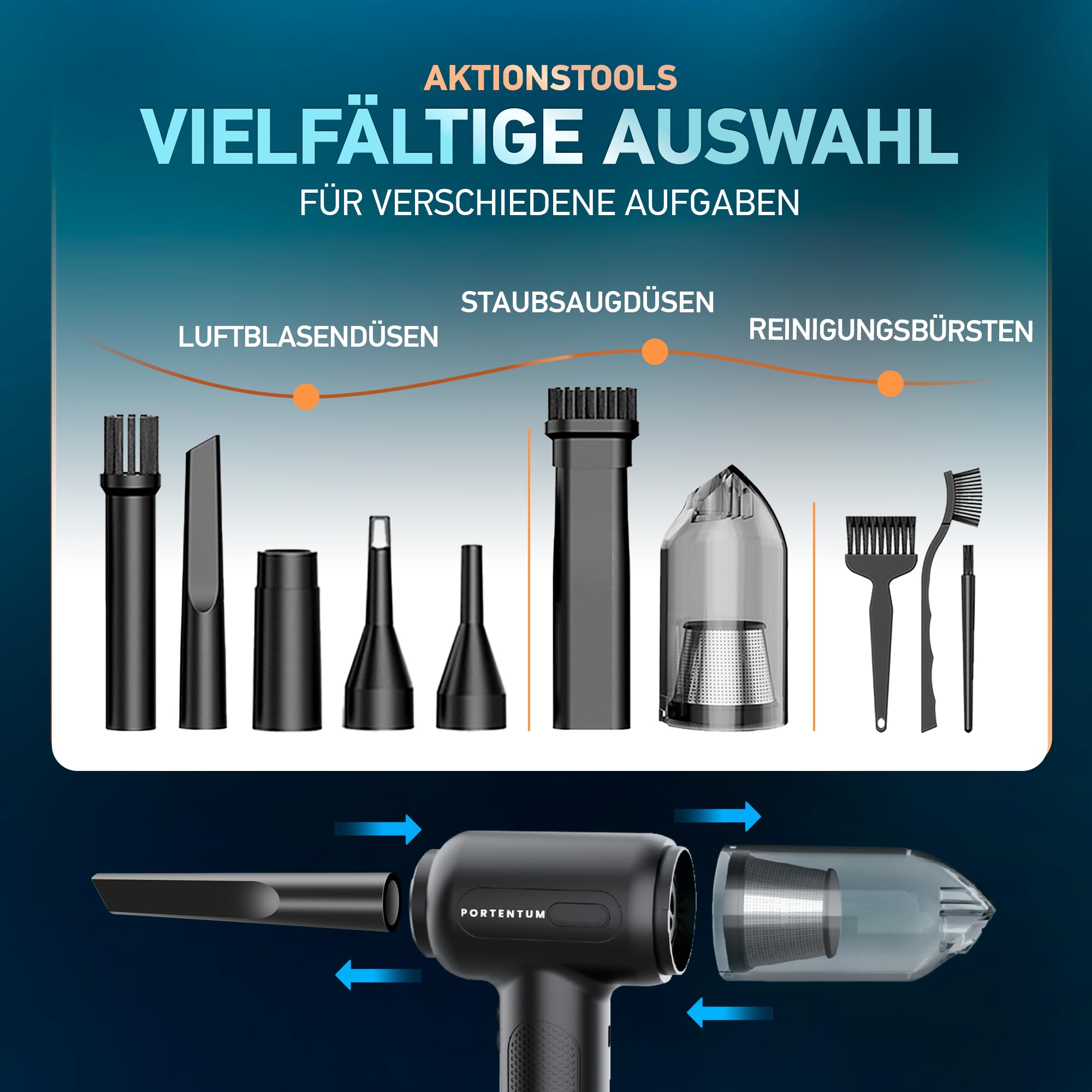 PORTENTUM Air Blower and Vacuum ABV-1, Staubsauger und Luftgebläse, Schwarz, 68 W, 75 Dezibel