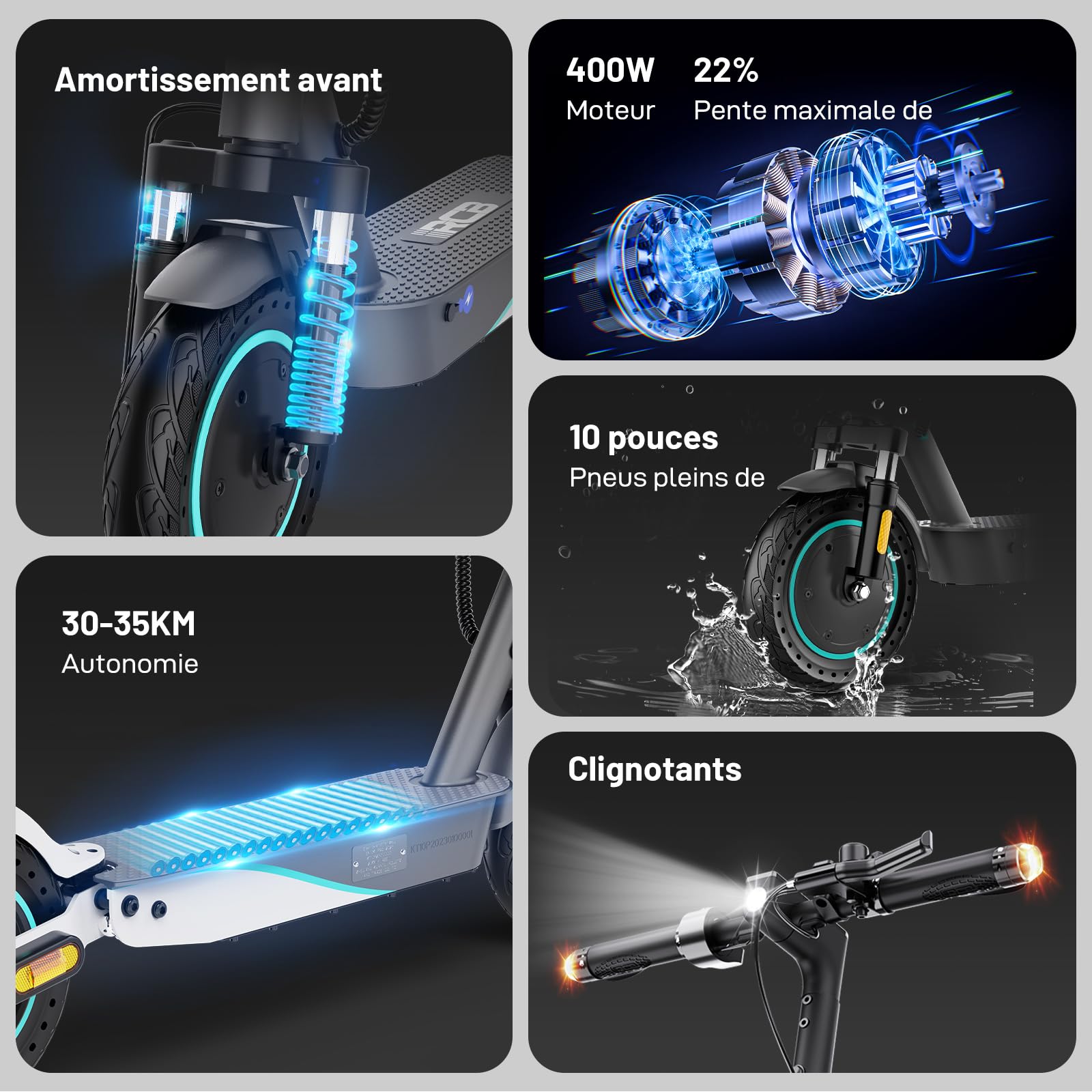 RCB Trottinette Électrique Adulte, Jusqu'à 25 km/h, Pneus Solides 8.5''-10'',300W-400W, 7.8-10.4Ah,Autonomie 23-35KM, Clignotants, Contrôle APP, Charge Max 120/150kg, Pliable Scooter,Double Frein