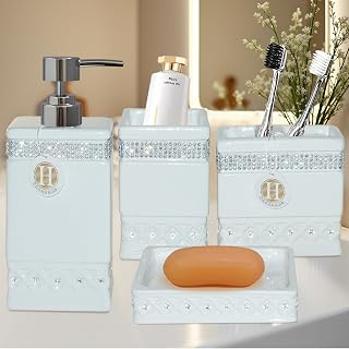 Bathroom Accessories Set 4 Pcs-Ceramic Gift Set Soap Dispenser Pump & Toothbrush Holder & Tumbler Cup & Soap Dish - Bathroom Home Decor Clearance, Countertop Vanity Organize (15 Ounce)