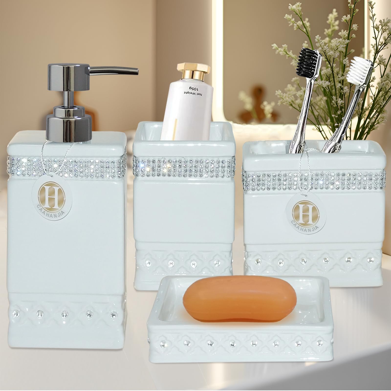 Juego de accesorios de baño de cerámica con dispensador y diseño elegante para tocador