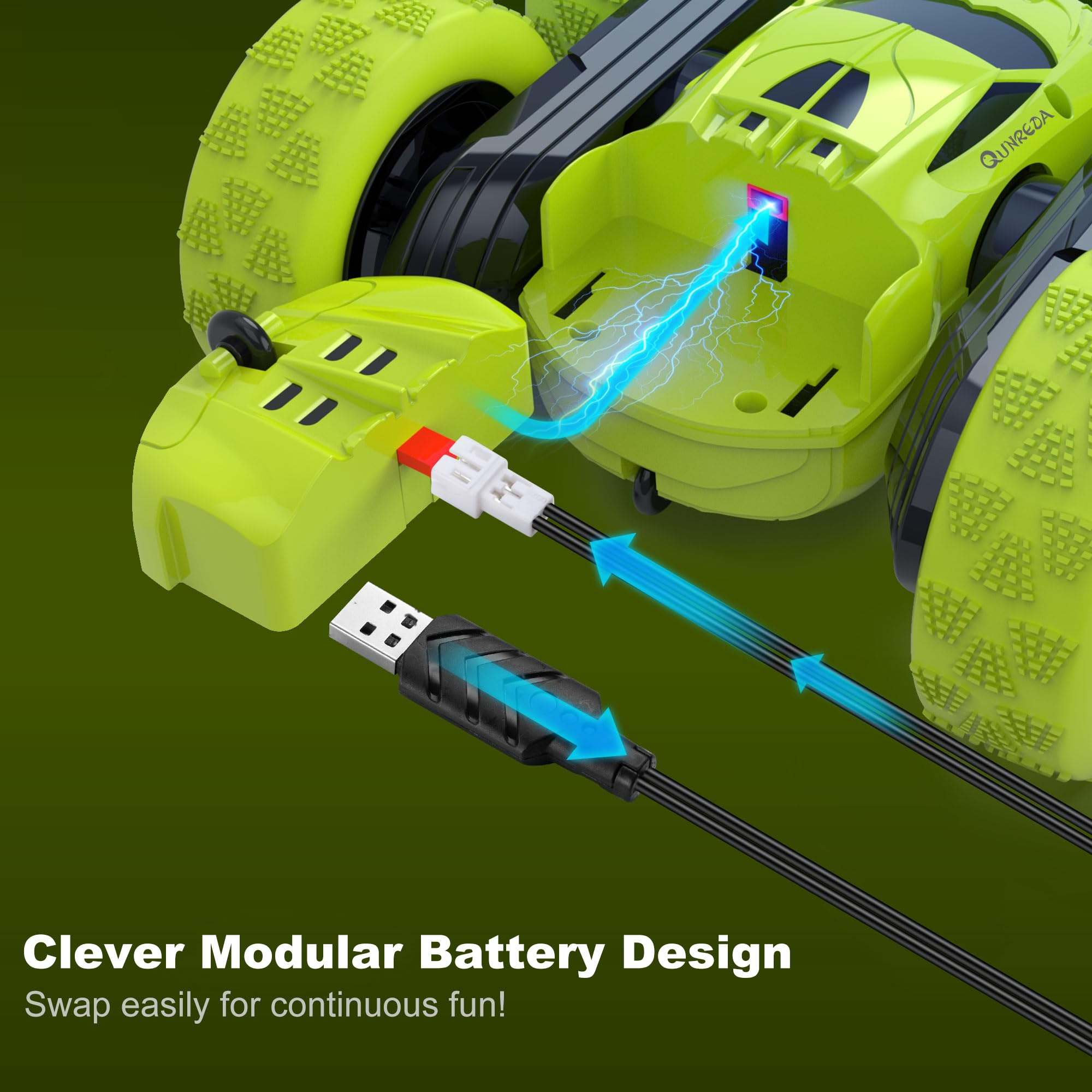 QUNREDA Remote Control Car for Kids Ages 6+, RC Cars Stunt Car Toy 4WD Double Sided 360° Rotating Remote Control with Headlights, Birthday Xmas Gifts for Boys 6 7 8 9 10 11 12 Green