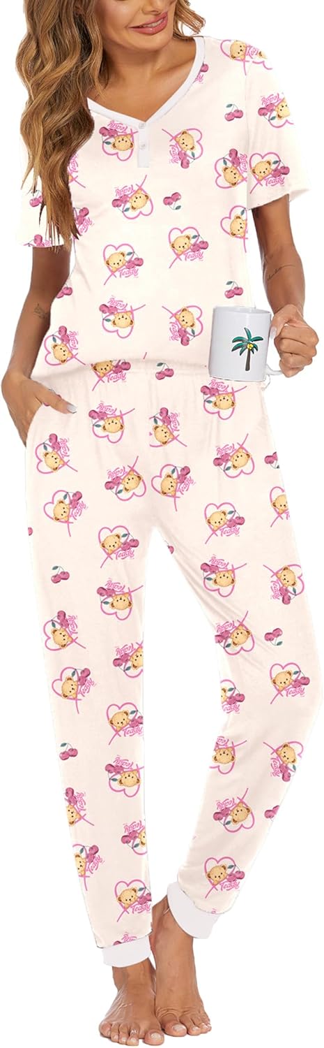 Ekouaer Pajamas for Women Set 2 Piece Lounge Set Short Sleeve Pjs Joggers Long Pants Sleepwear with Pockets