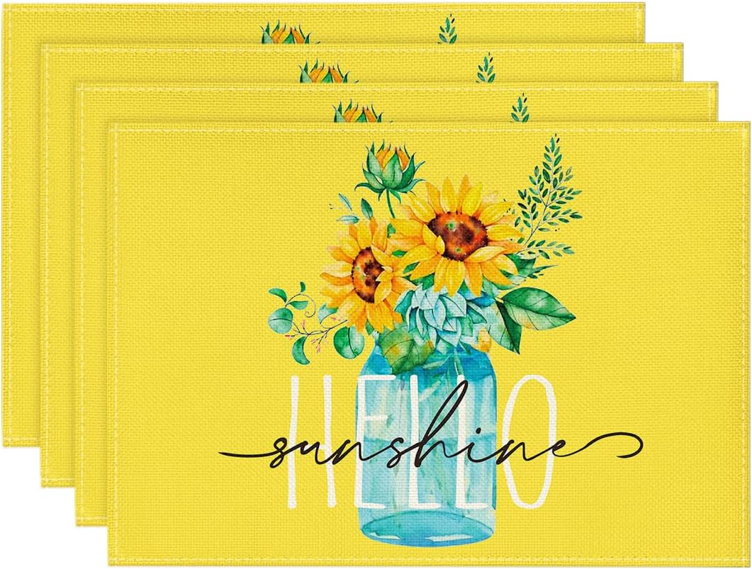 Artoid Mode Yellow Hello Sunshine Sunflower Summer Placemats for Dining Table, 12 x 18 Inch Spring Seasonal Holiday Decoration Rustic Vintage Washable Table Mats Set of 4