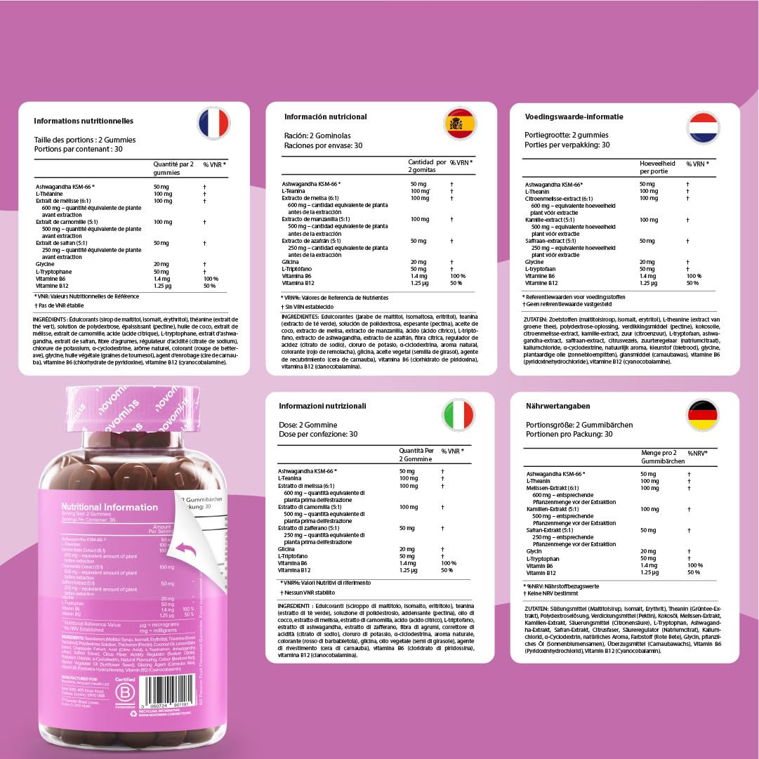 Gominolas Relax - Ashwagandha KSM-66, L-Teanina, Azafrán, Melisa y Manzanilla con Vitaminas B6 y B12 - Apoyo para la Relajación y la Función Psicológica y Hormonal - Vegano y Sin Gluten - 60 Gominolas
