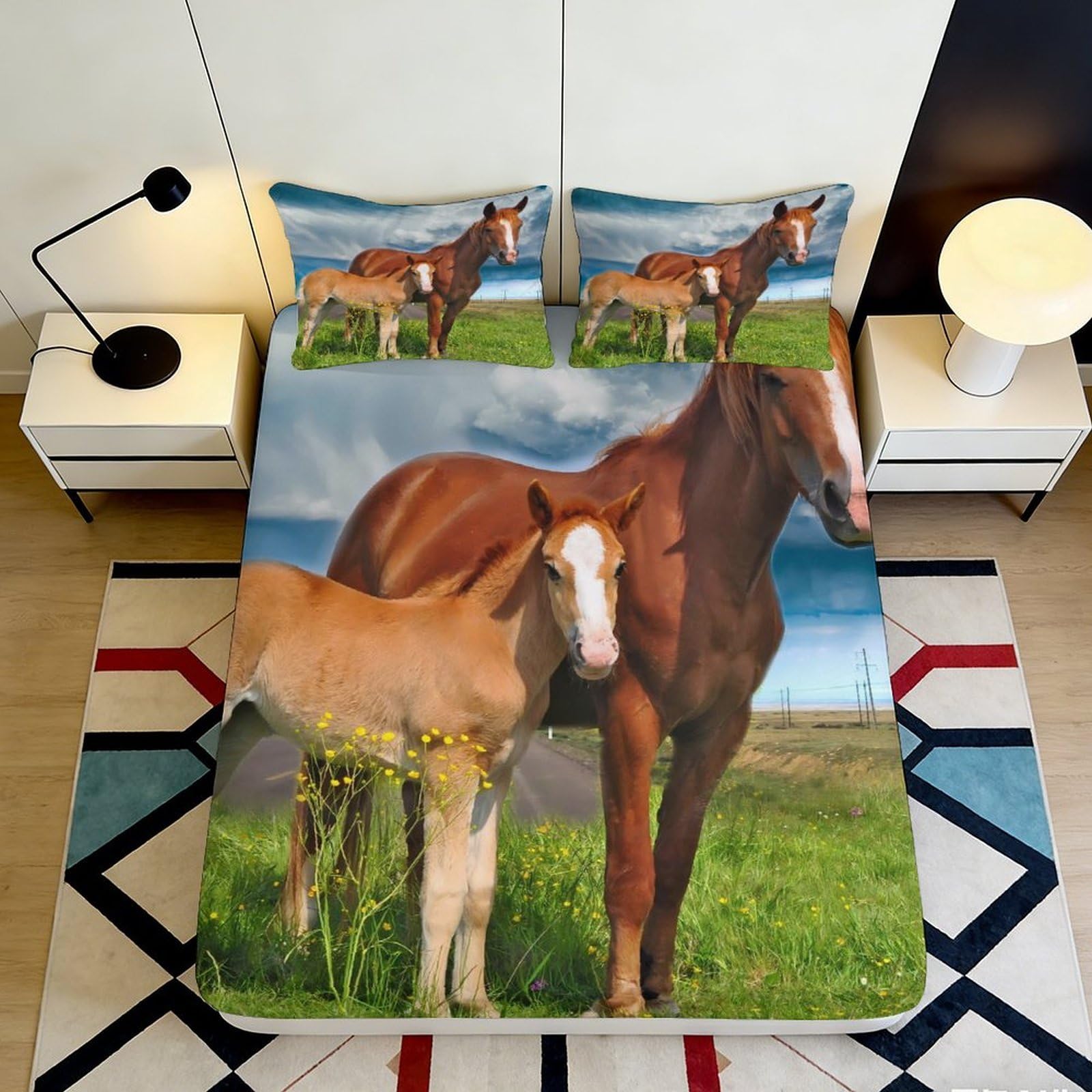 3D Printed Horse Pasture Fitted Sheet Microfiber Soft Breathable Farm Foal Bed Cover for Bedroom Dorm Decor 90x200x25cm