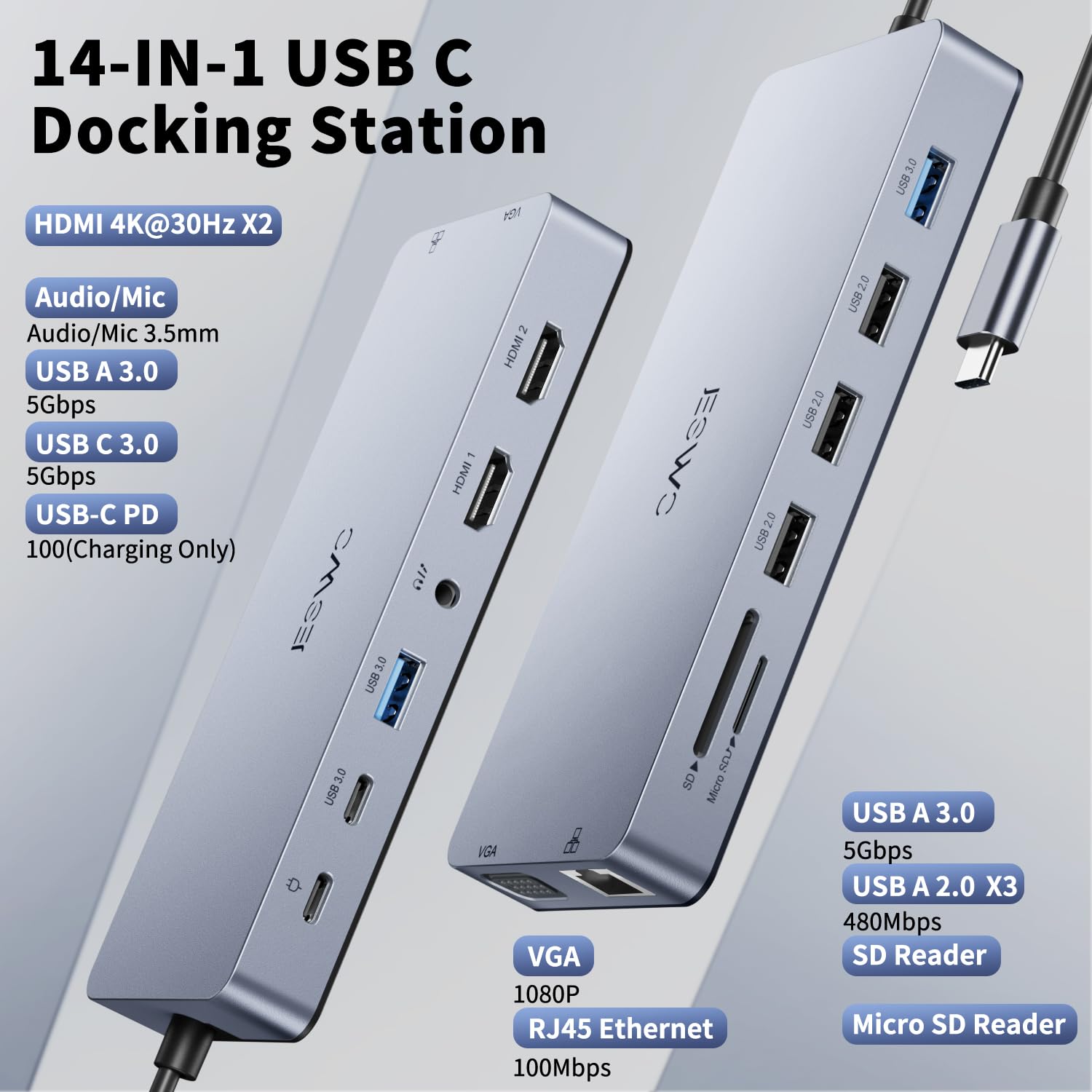 Docking Station USB C,JESWO 14-en-1 Dock USB C vers Dual HDMI, VGA, Ethernet, Mulit USB 3.0&2.0, 100W PD, Type-C Data, SD/TF, AUX Jack pour Windows 11, 10, Mac OS, and iPad OS