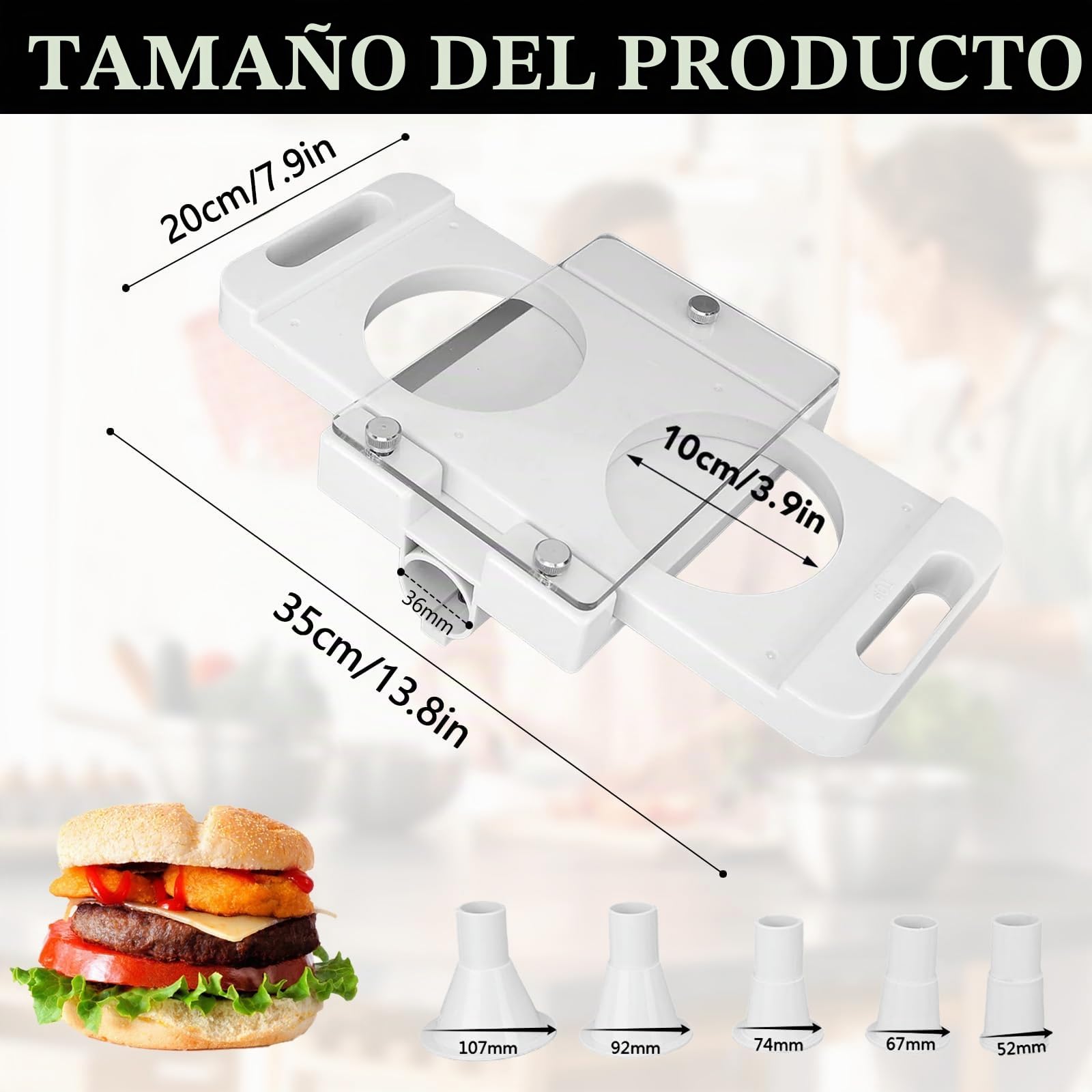 Prensa Hamburguesas, Prensa de Hamburguesa Molde Hamburguesa con 5 Tubos Adaptadores, 2 Agujeros Antiadherente Smash Burger Kit Maquina Hacer Hamburguesas