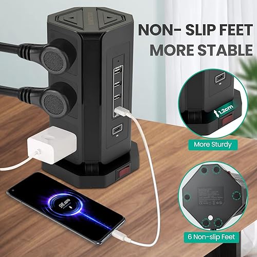 Miniatura 8 de EUNTETOX Torre de regleta con 4 ranuras USB con cargador rápido USB C de 18 W (5 V3.1 A), torre de extensión de enchufe de 9 vías, cable de