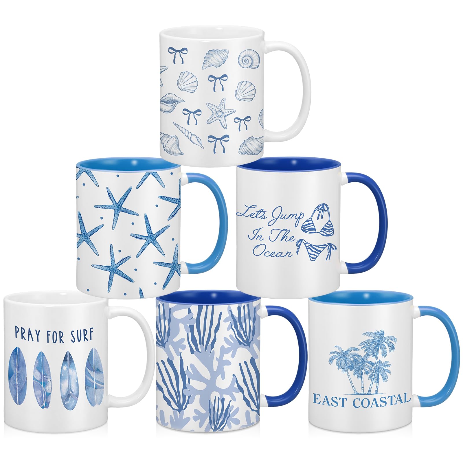 Didaey 6 Pcs Coastal Coffee Mugs, Blue Starfish Ceramic 12 oz Summer