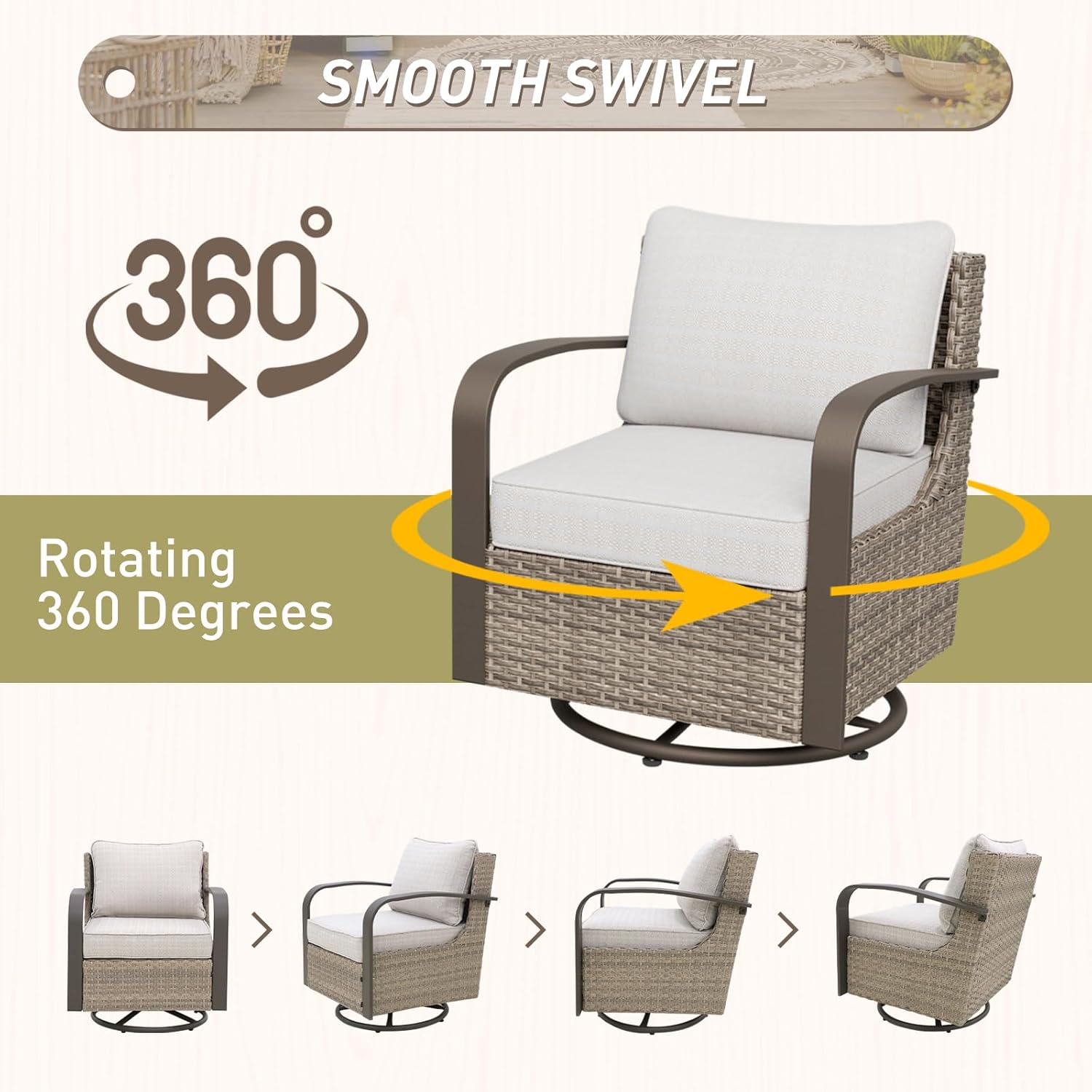 Vista Oasis Wicker Outdoor Swivel Rockers with Cushions, Patio Glider Rocking Chairs, Rattan Patio Chairs for Baclcony, Deck Porch and Garden, 2 Pieces, Beige/Beige
