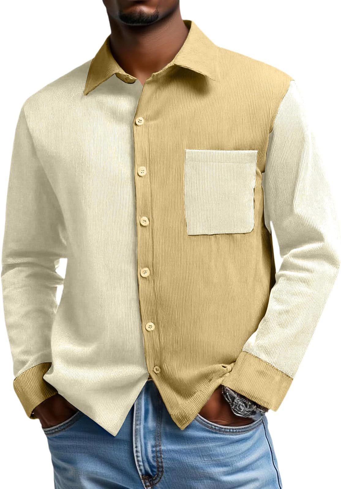 Mens Shacket Patchwork Long Sleeve Button Down Corduroy Shirts for Men, S-2XL