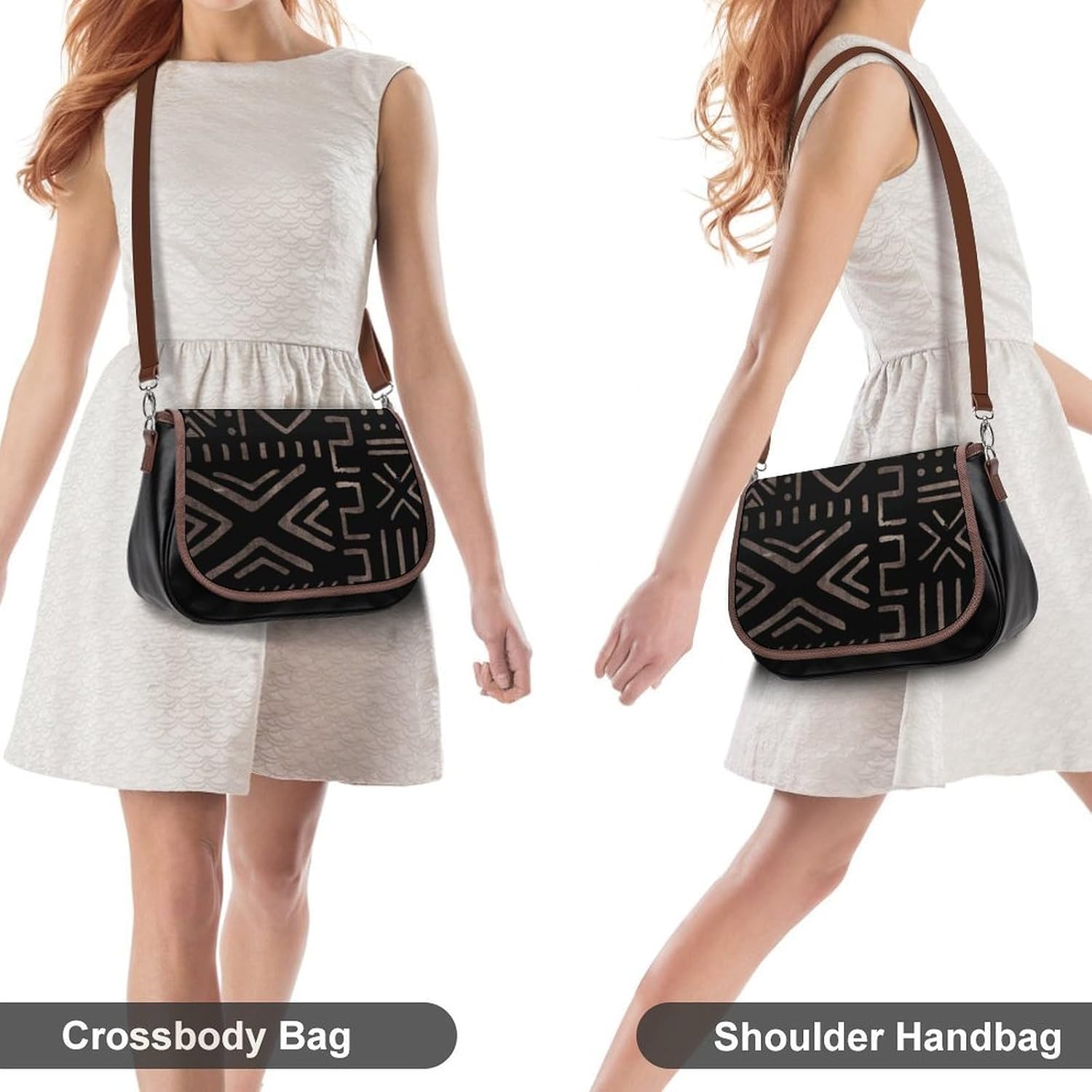 Contemporary African Mud Cloth Print 3Women's Faux Leather Crossbody Bag, Waterproof Wrinkle-Resistant Shoulder Bag with Detachable Strap, Large Capacity Casual Handbag, Fashion Daily Purse for Shopp