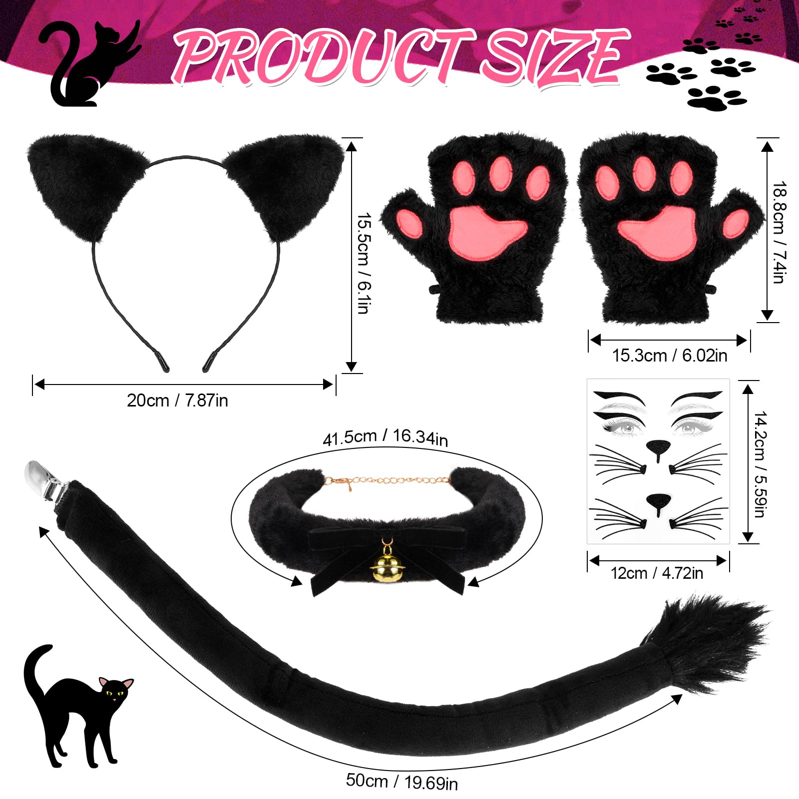 Beipegin Cat Costume for Women Black Cat Ears Headband and Tail Bell Choker Gloves Face Stickers Halloween Masquerade Anime Cosplay Costumes Accessories for Women - Image 2