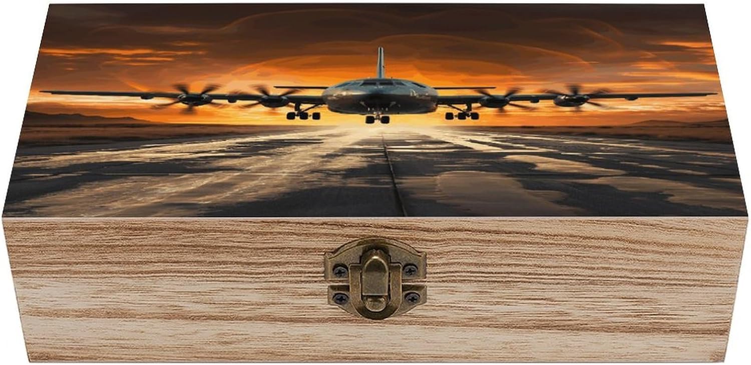 Military Plane Landing on Airforce Runways Against Beautiful Dusky Sky Wooden Keepsake Box with Hinged Lid Vintage Wood Storage Box for Photo Letter Trinket Jewelry Organizer Large Decorative Memory B