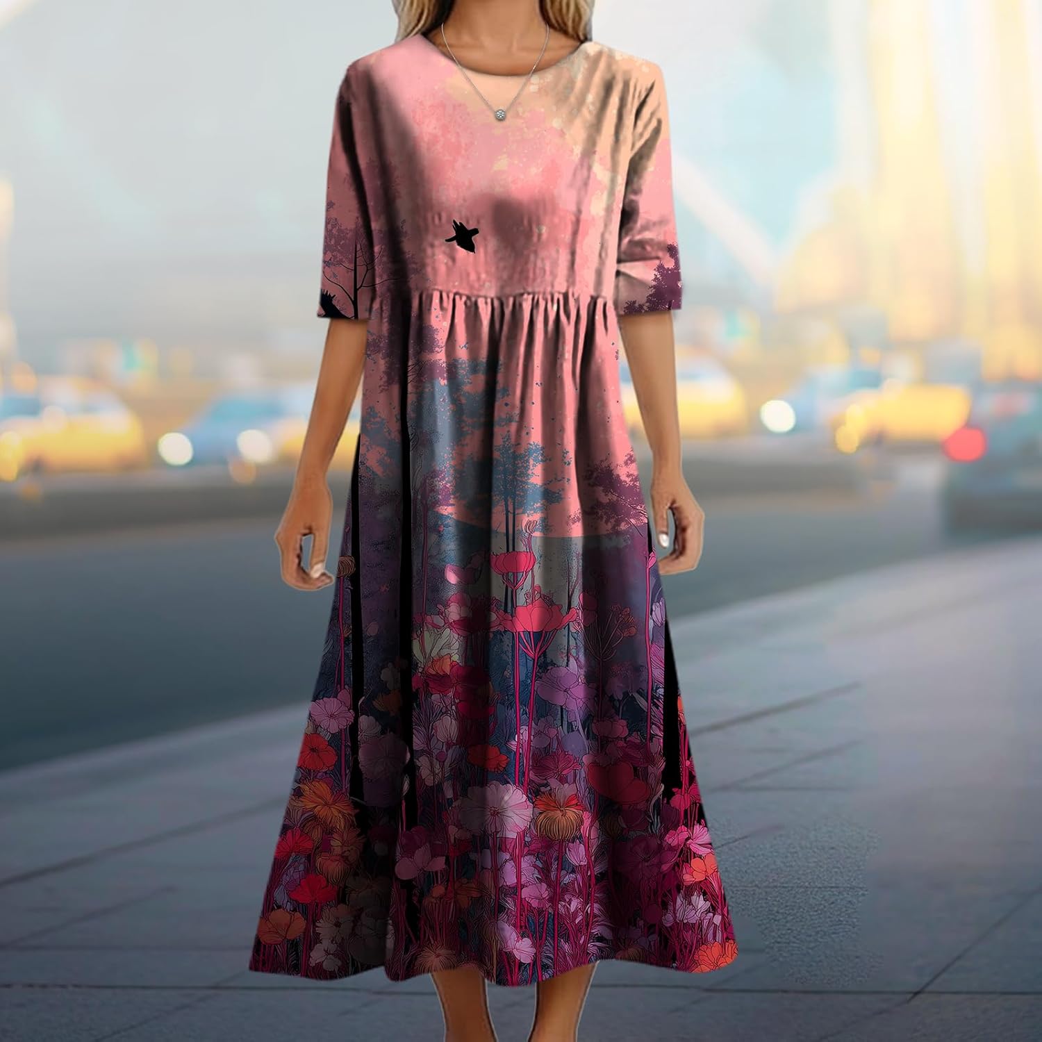 Womens Elegant Boho Stylish Crewneck Short Sleeve Maxi Dress Loose Fit Flowy Dresse with Pockets - Image 2