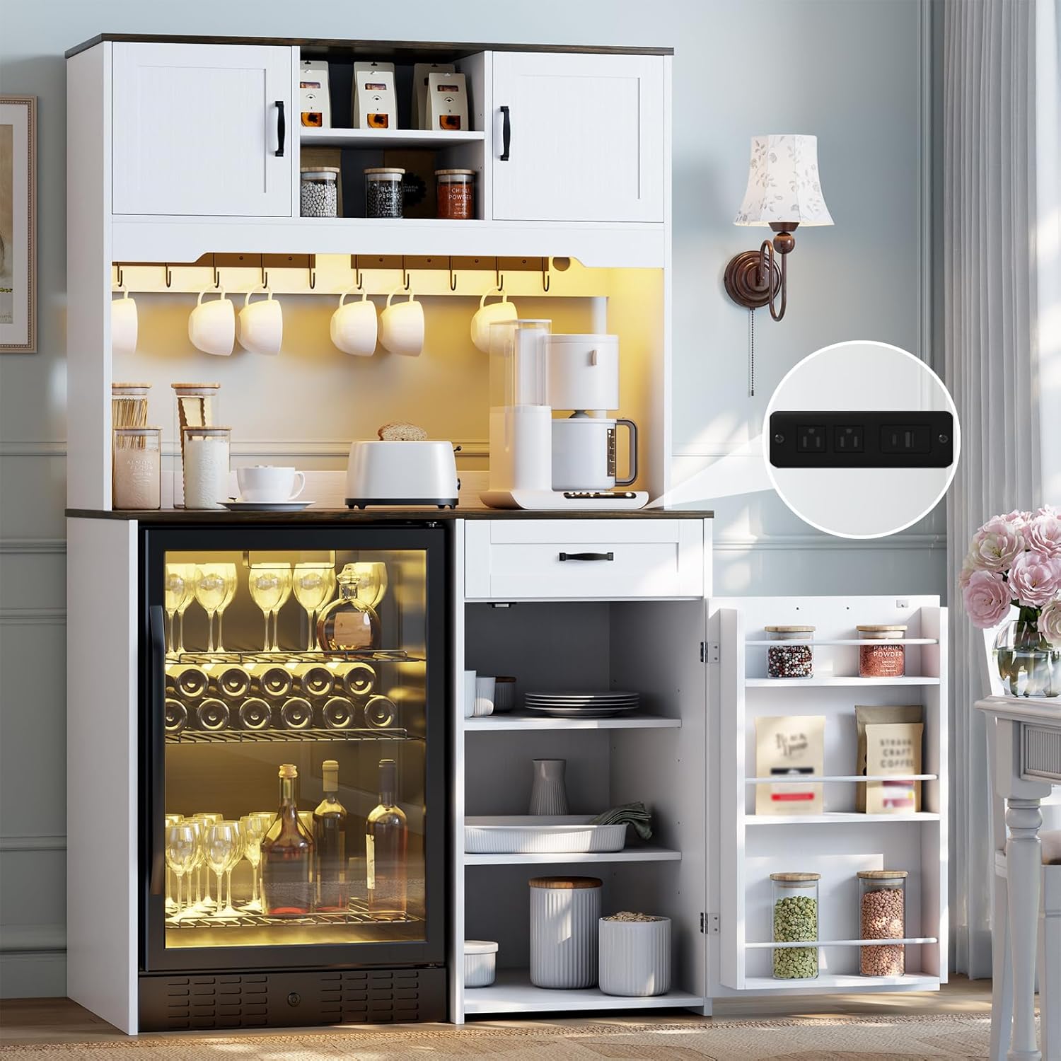 73.2'' White Pantry Cabinet with Fridge Space - Farmhouse Kitchen Hutches with Outlet & Led Light, Tall Pantry Cabinet with Hooks & Shelf Guardrail, Kitchen Pantry Storage Cabinet with Microwave Stand