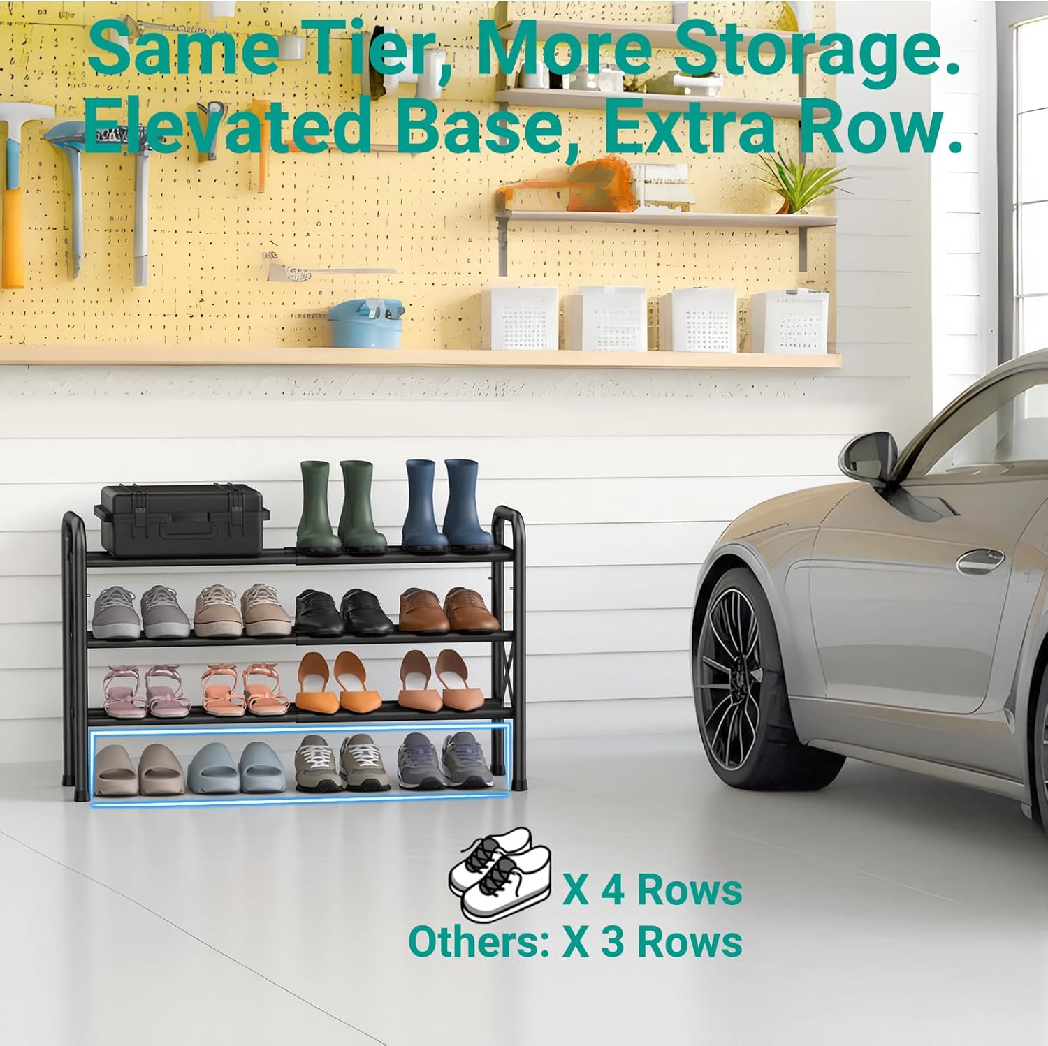 YEASHEIN 3-Tier Expandable Shoe Rack for Closet Floor, X-Frame Metal Small Shoe Rack for Entryway, Adjustable Shoe Shelf Organizer, Free Standing Shoe Racks for Front Door Entrance, Garage - Black