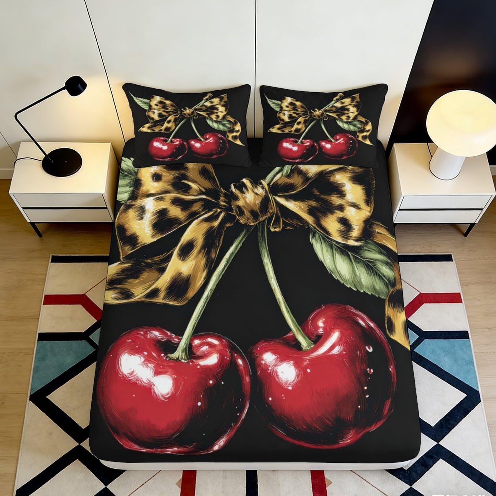 3D Printed Cherry Pattern Fitted Sheet Microfiber Deep Pocket Elastic Hem Bedroom Bedding Cherry Mattress Fitted Cover for Adults Teens 200x200x25cm 90x200x25cm