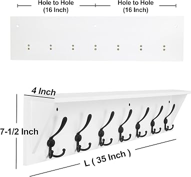 Dseap Coat Rack Wall Mounted Shelf with 7 Tri Hooks 35Long Heavy Duty Wooden Hanger for Entryway Bathroom Mudroom Kitchen, White