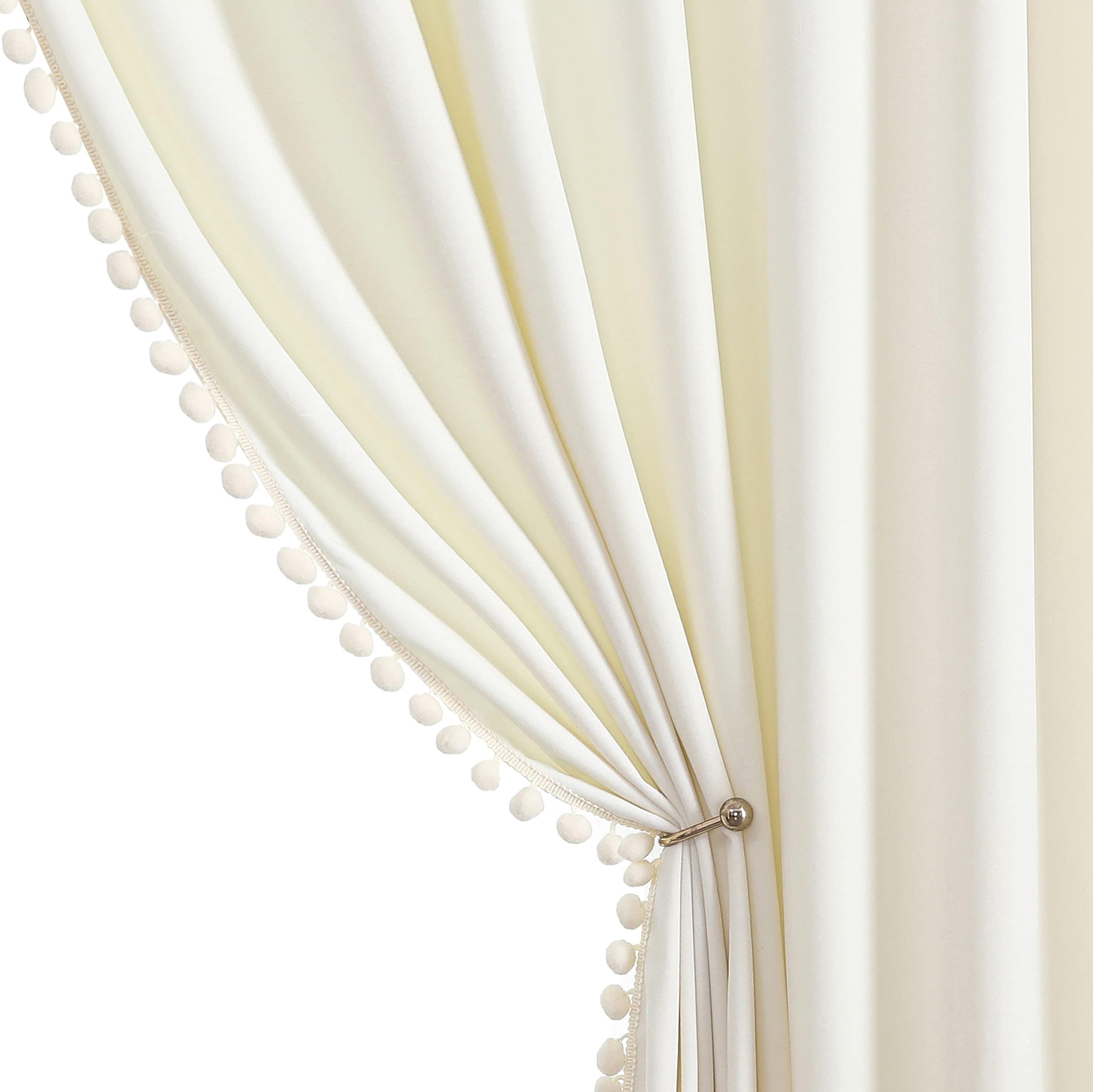 Benedeco Ivory White Velvet Curtains for Bedroom Window with Pom Pom, Super Soft Luxury Drapes, Room Darkening Thermal Insulated Rod Pocket Curtain for Living Room, W52 by L108 inches, 2 Panels