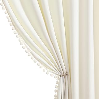 Benedeco Ivory White Velvet Curtains for Bedroom Window with Pom Pom, Super Soft Luxury Drapes, Room Darkening Thermal Insulated Rod Pocket Curtain for Living Room, W52 by L96 inches, 2 Panels - Buy now
