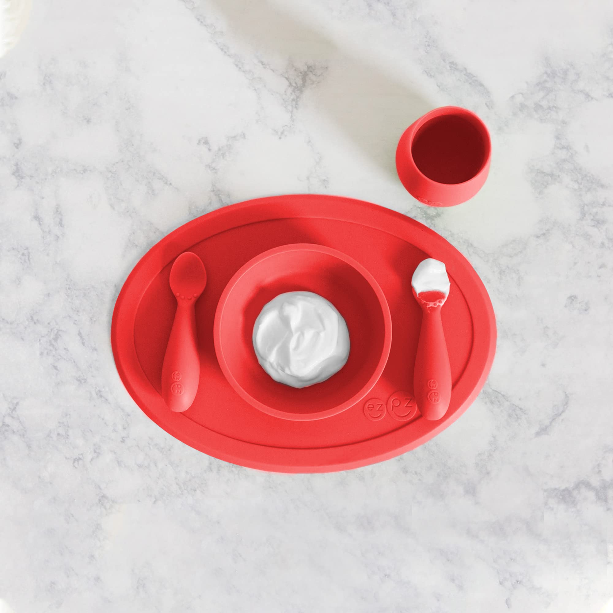 ezpzTiny Collection Set Coral 100% Silicone Cup, Spoon & Bowl with Built in Placemat for First Foods + Baby Led Weaning + Purees Designed by a Pediatric Feeding Specialist 4 Months+, EUFFC004