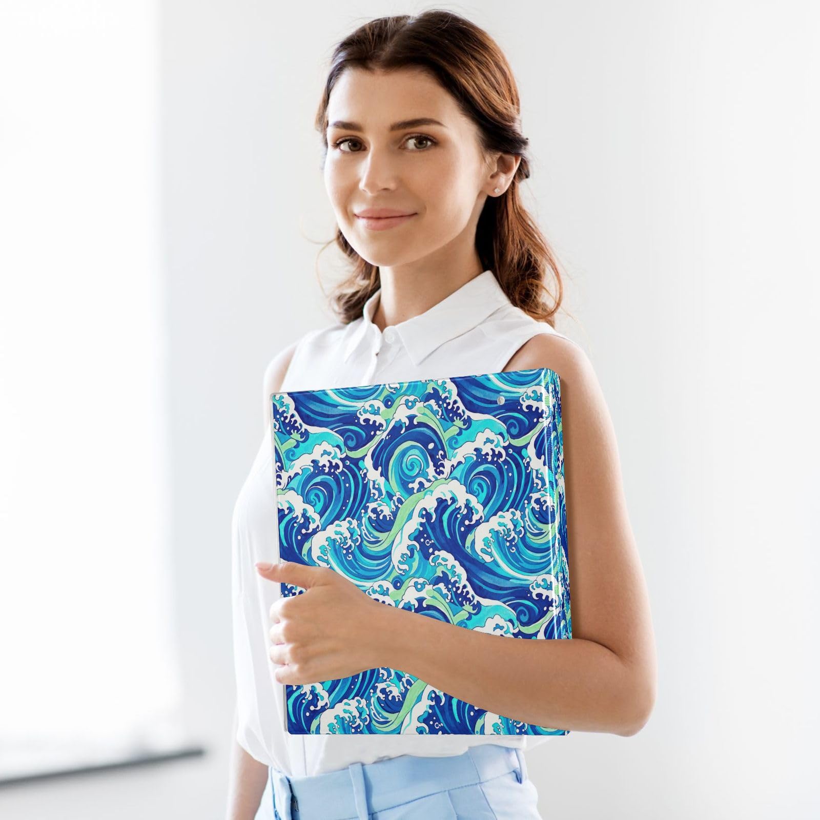Ocean Waves - Raccoglitore a 3 anelli flessibile, 3,8 cm, colore: blu, turchese, bianco, confezione da 2