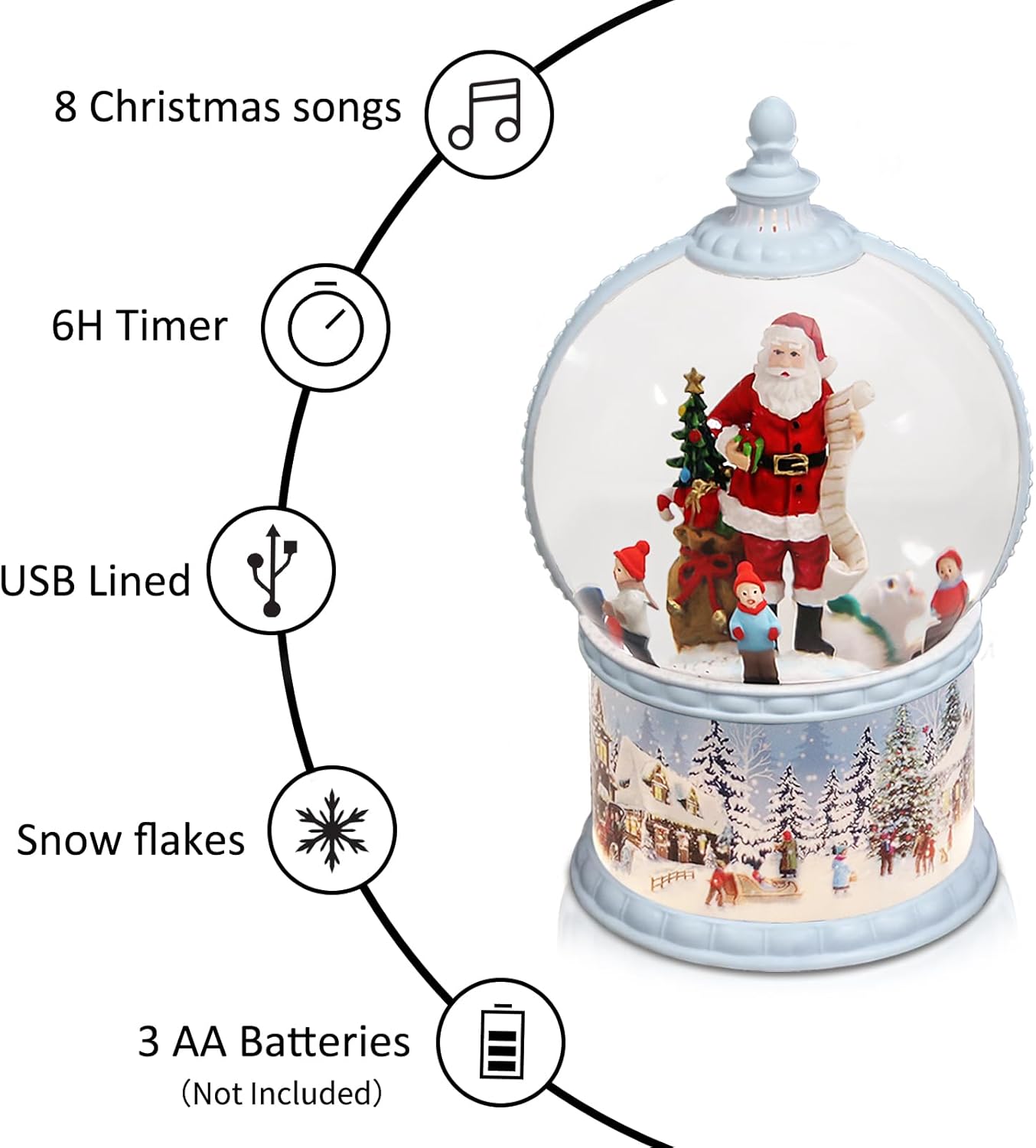 Christmas Snow Globes Musical,6H Timer Cylinder Glitter Snow Globe,White Snow Globes Christmas with Music Box Including 8 Songs, Battery Or USB Cable Powered - Image 6