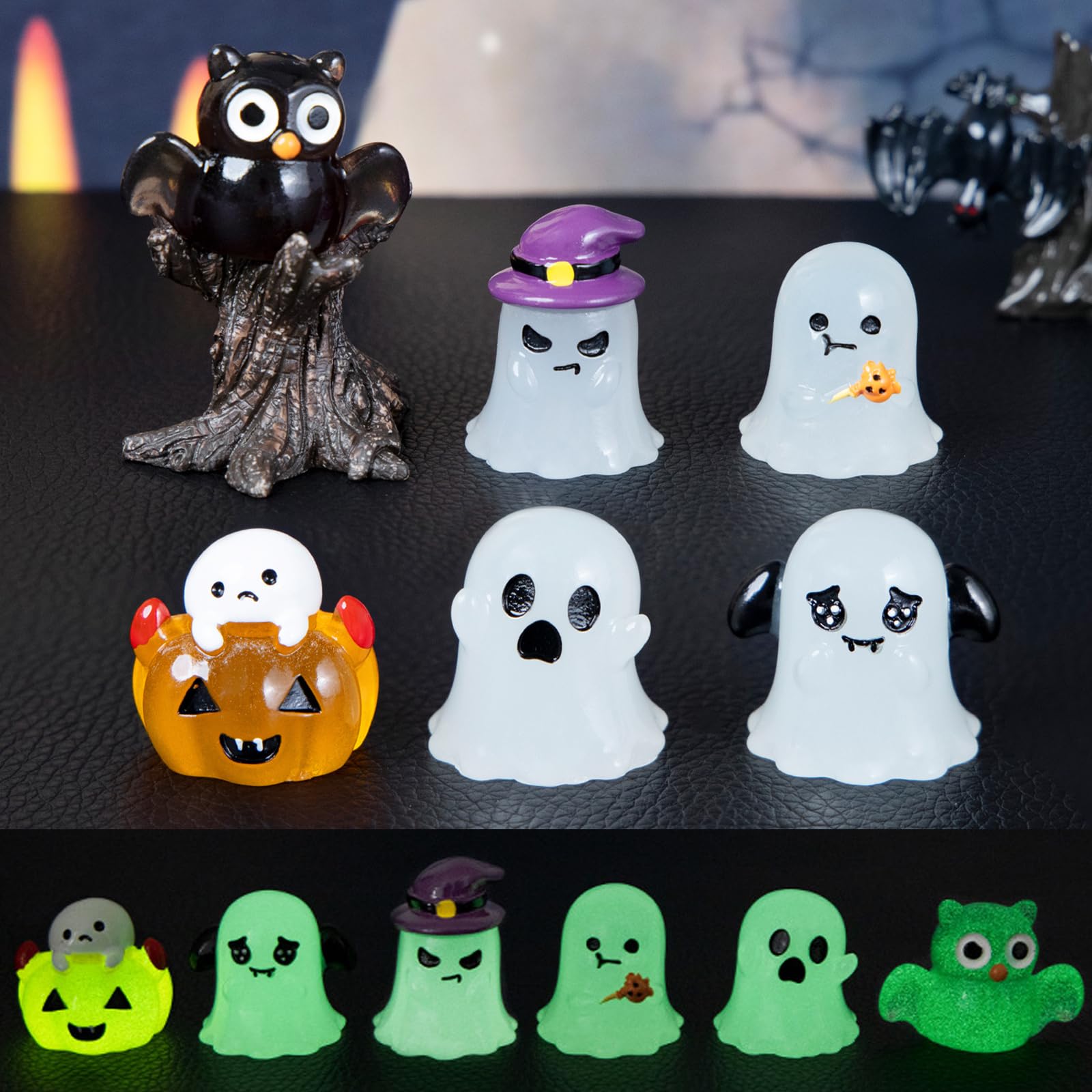 Booaee Świecące miniaturki na Halloween, 30 sztuk, świecące figurki na Halloween, świecąca dekoracja do użytku na zewnątrz, z nietoperzami, dynią, duchem, duchem, Halloween, dekoracja stołu, figurka