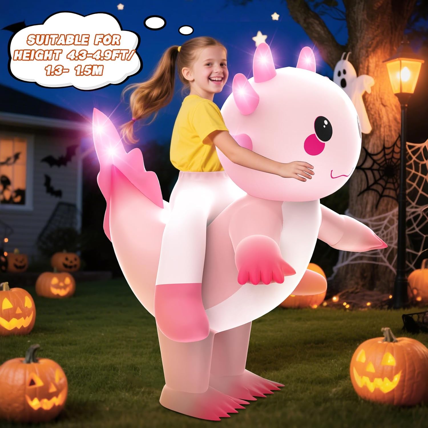 Skirfy Inflatable Costume for kids,Inflatable Axolotl Riding Costume with Lights,Halloween Glow in The Dark Blow up Costume for Girls Boys 6-9 - Image 4