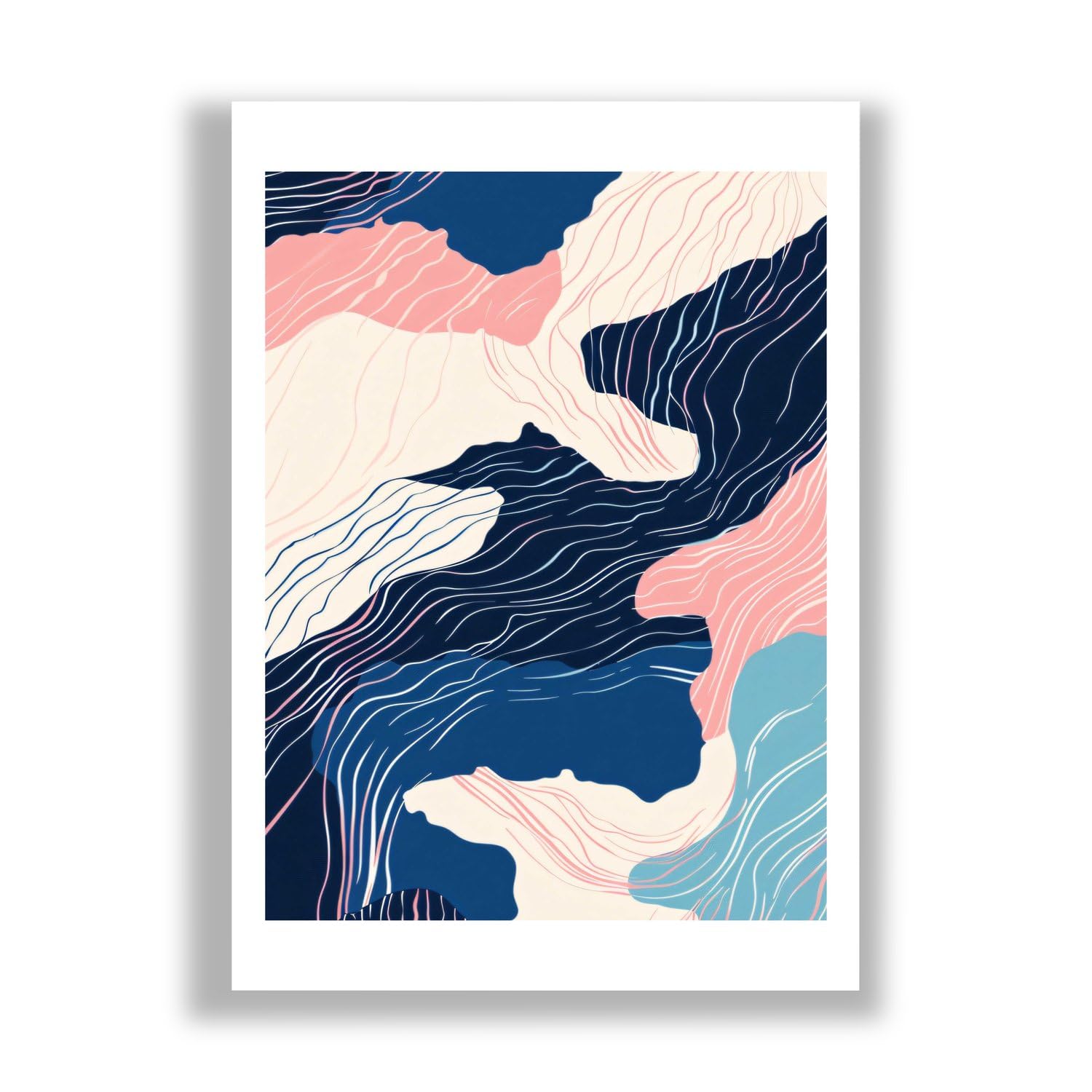 Spiffing Prints Contour Flow – Bleu marine et blush Topographique Abstrait – Ligne minimaliste moderne – Extra Large – Impression d'art semi-brillante