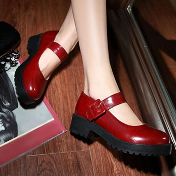 Women's Mary Jane Shoes,Mary Janes,Women Chunky Platform,Vintage Buckle,Round Toe,Simple Design,Comfortable,Casual,Non-Slip Sole,Closed Toe,for Party,Wedding,Work Office,Daily Red