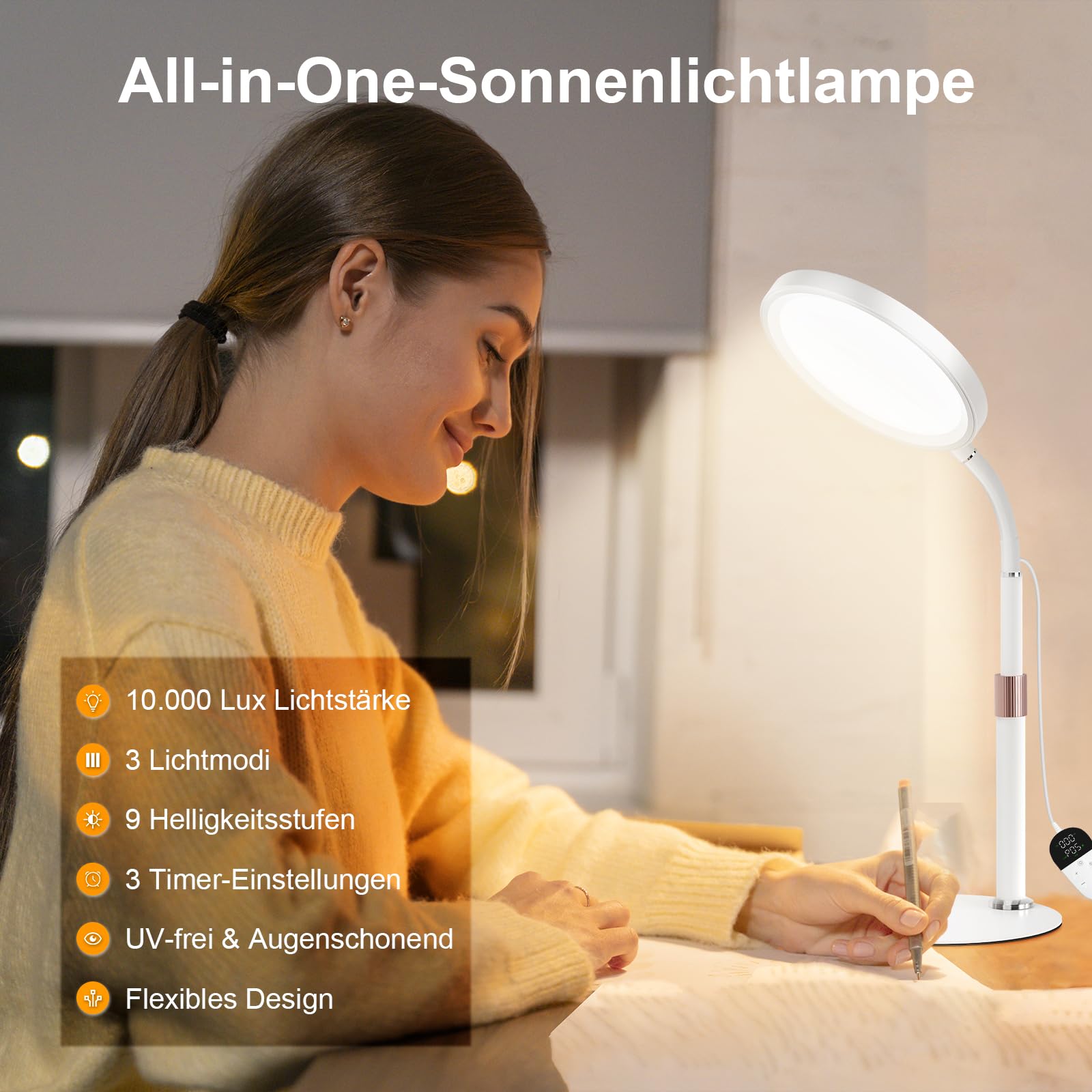 Lampada SAD, Lampada Per Terapia Della Luce Senza Raggi UV Da 10.000 lux, 3 Temperature Di Colore, 9 Luminosità e Timer da 15/30/45Min, Lampadas a luce Diurna Per Uso Domestico/Ufficio