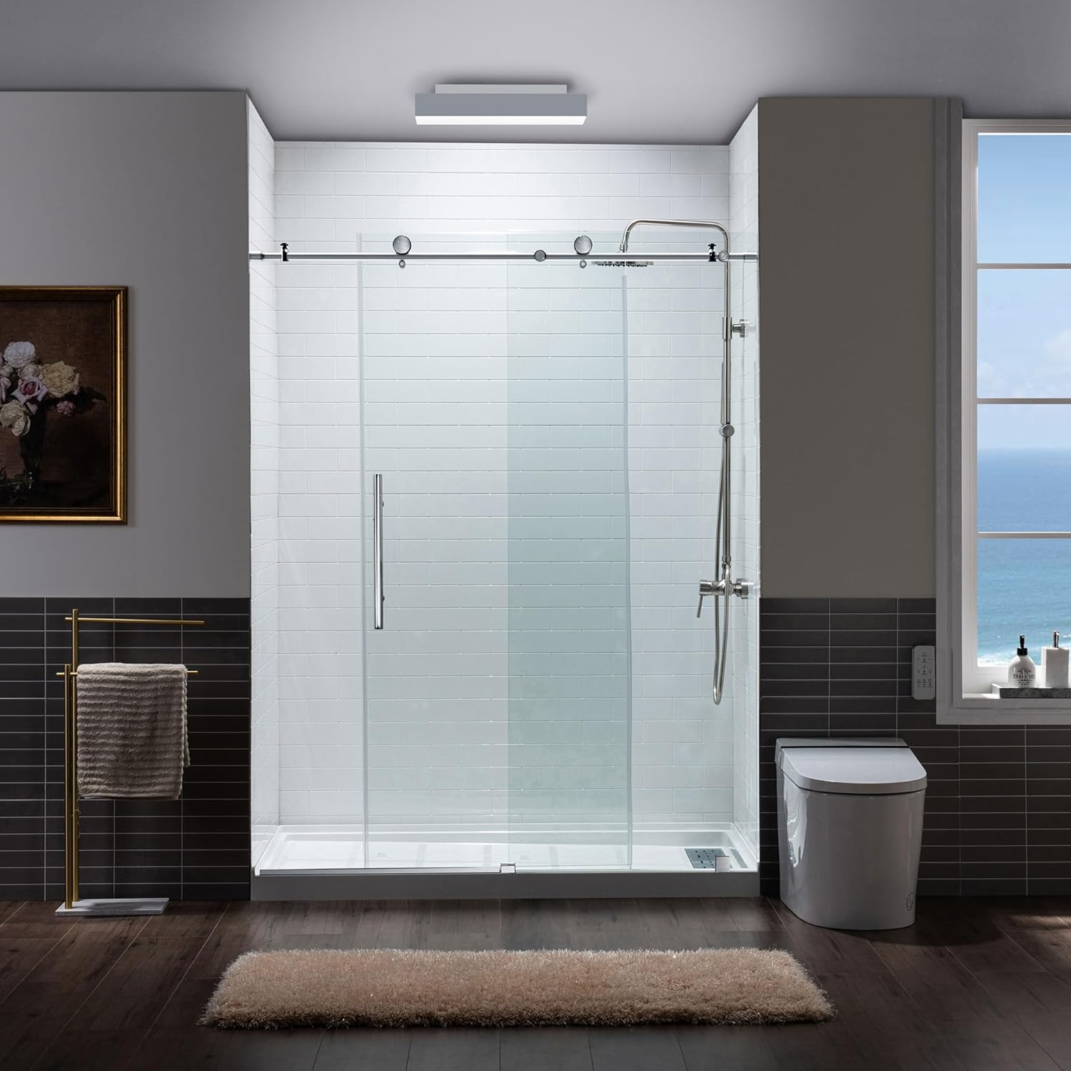 60'' Frameless Clear Glass Sliding Shower Door with Stainless Steel Frame