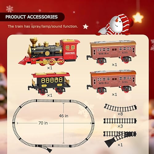 Miniatura 7 de Juego de tren clásico para niños de 3-5 años, 4-7 años, tren eléctrico de Navidad con motor de locomotora, espray, luces y sonido, vías para árbol